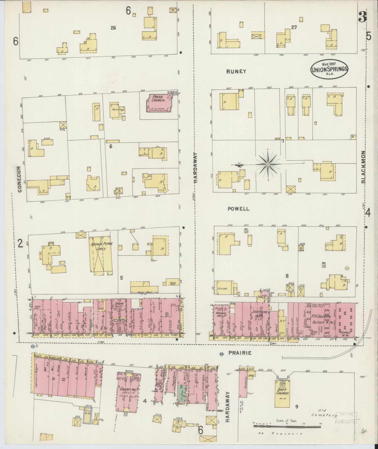 Sanborn Fire Insurance Map from Union Springs, Bullock County, Alabama (1897), Sheet #0003 - Historic Sanborn Fire Insurance Map Print, vintage old map wall art, antique decor, genealogy gift, Alabama Alabama map