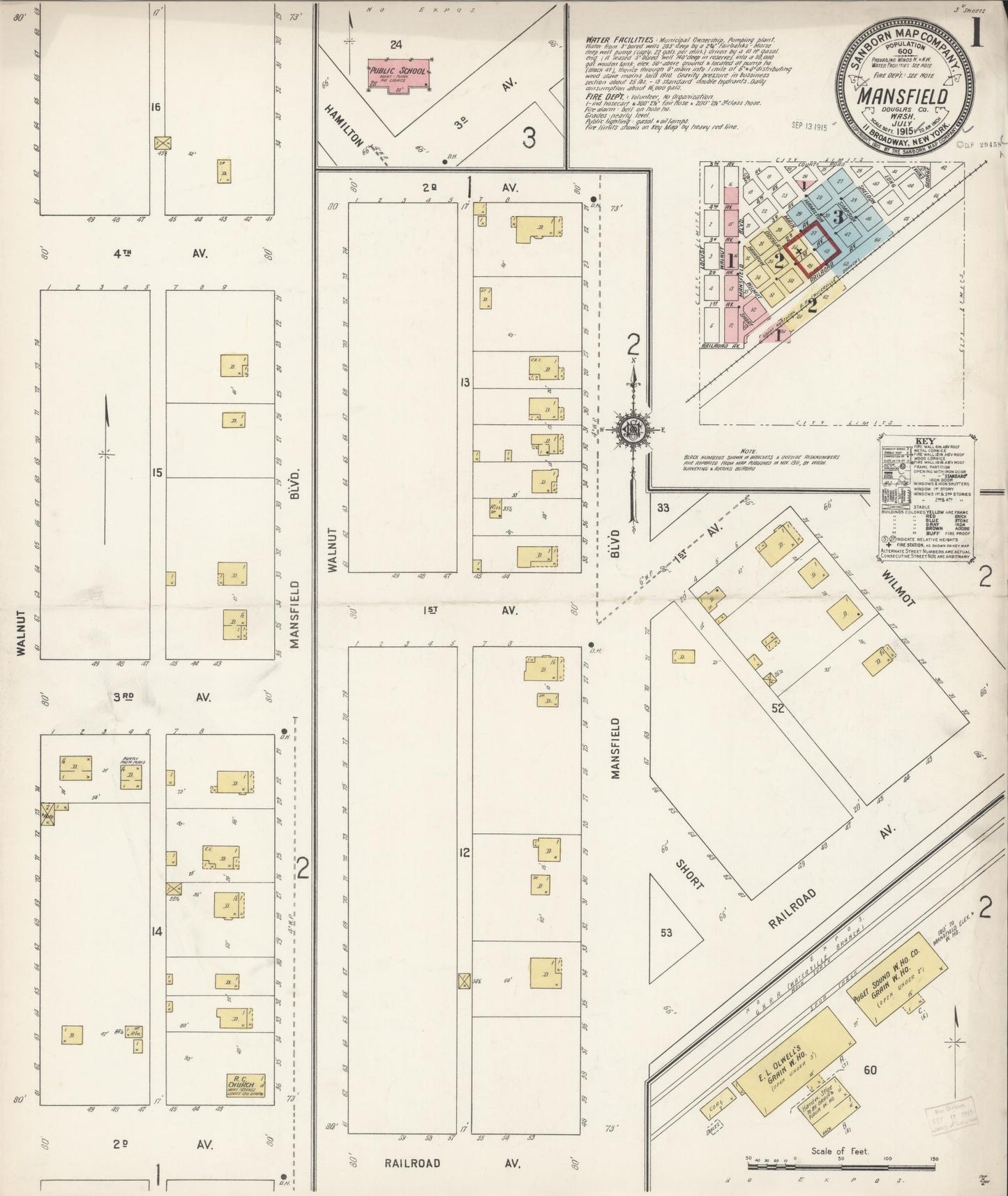 Sanborn Fire Insurance Map from Mansfield, Douglas County, Washington (1915), Sheet #0001 - Historic Sanborn Fire Insurance Map Print, vintage old map wall art, antique decor, genealogy gift, Washington Washington map