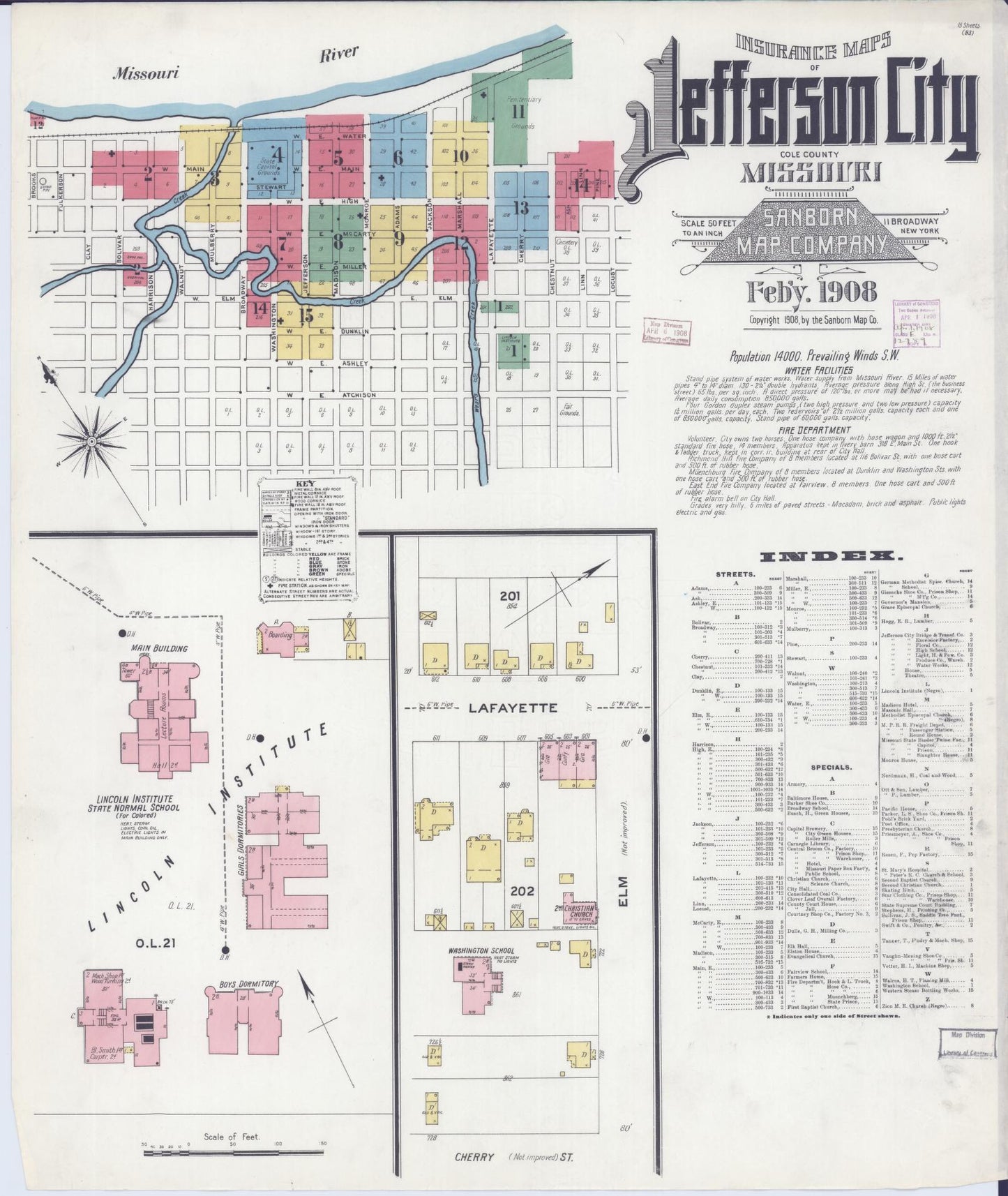 Sanborn Fire Insurance Map from Jefferson City, Cole County, Missouri (1908), Sheet #0001 - Historic Sanborn Fire Insurance Map Print, vintage old map wall art, antique decor, genealogy gift, Missouri Missouri map