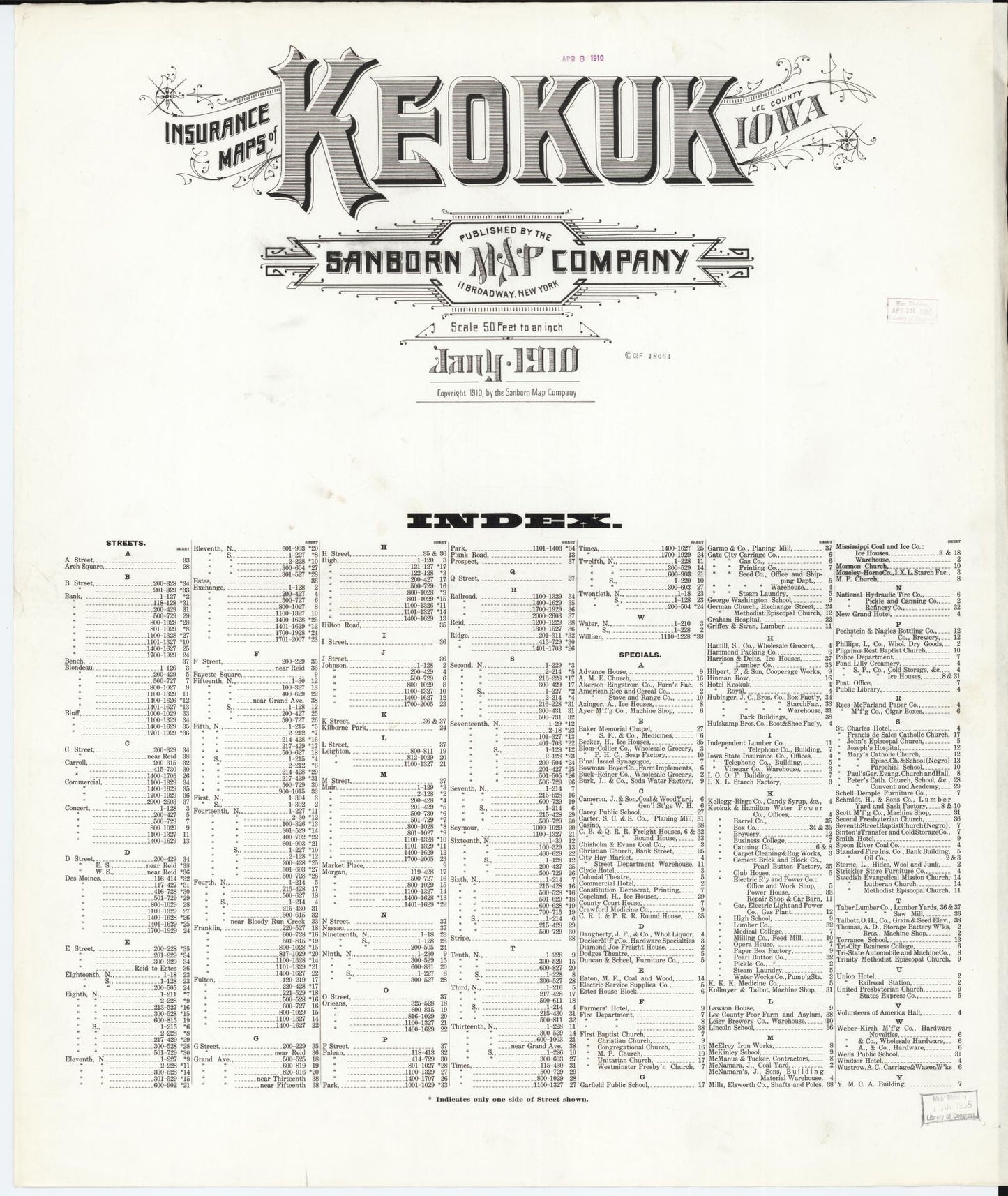 Sanborn Fire Insurance Map from Keokuk, Lee County, Iowa (1910), Sheet #0001 - Historic Sanborn Fire Insurance Map Print, vintage old map wall art