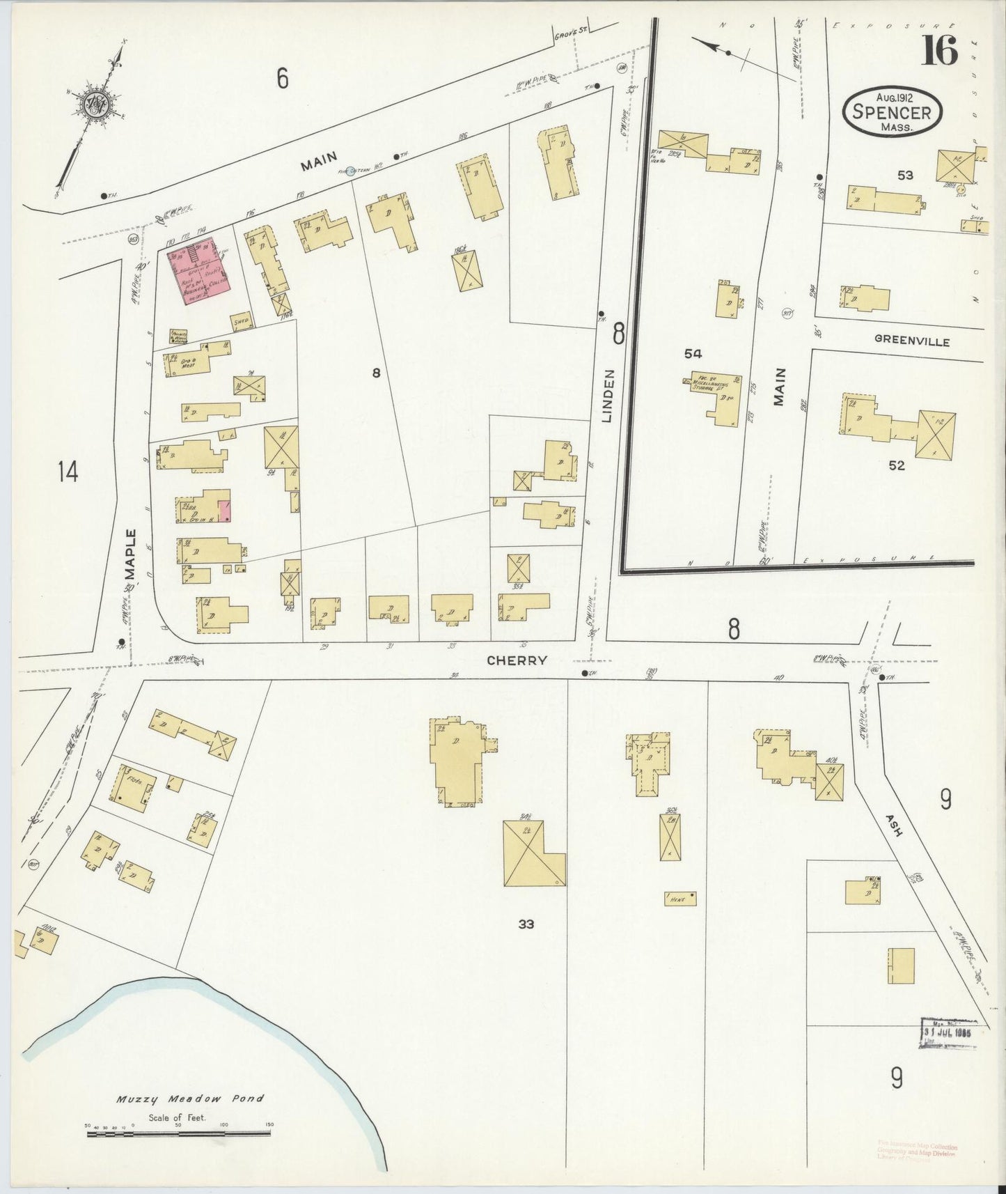 Sanborn Fire Insurance Map from Spencer, Worcester County, Massachusetts (1912), Sheet #0016 - Historic Sanborn Fire Insurance Map Print, vintage old map wall art, antique decor, genealogy gift, Massachusetts Massachusetts map