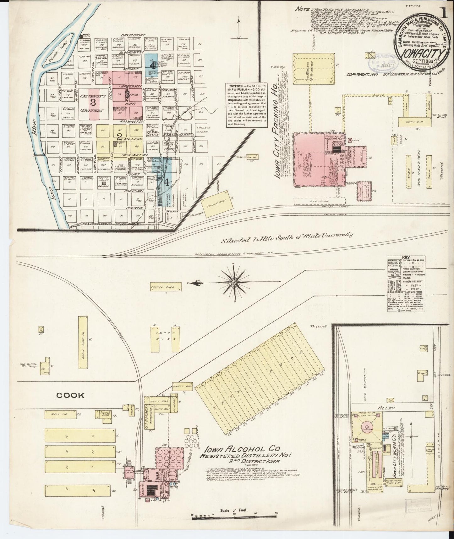 Sanborn Fire Insurance Map from Iowa City, Johnson County, Iowa (1883), Sheet #0001 - Historic Sanborn Fire Insurance Map Print, vintage old map wall art