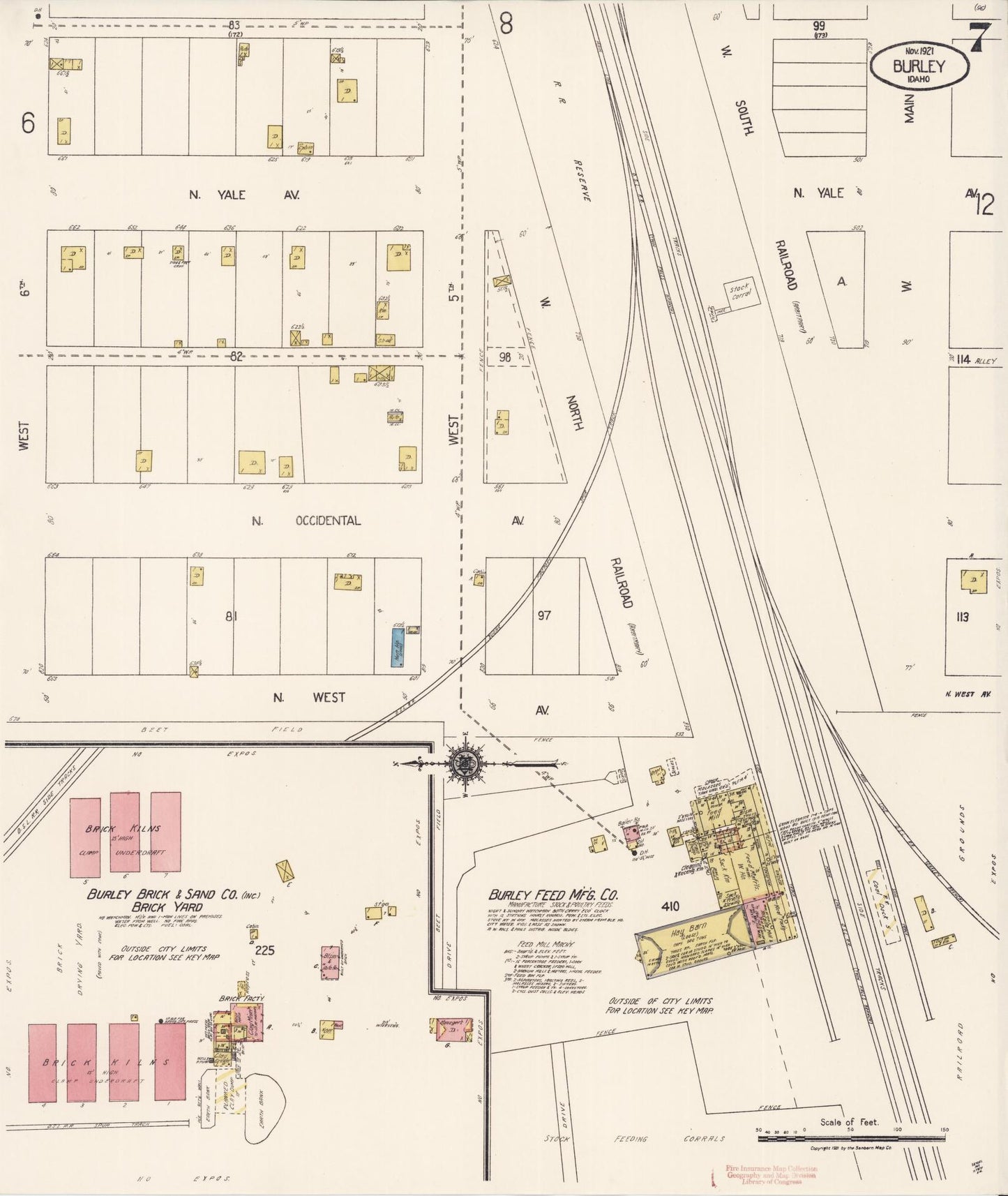 Sanborn Fire Insurance Map from Burley, Cassia County, Idaho (1921), Sheet #0007 - Historic Sanborn Fire Insurance Map Print, vintage old map wall art, antique decor, genealogy gift, Idaho Idaho map