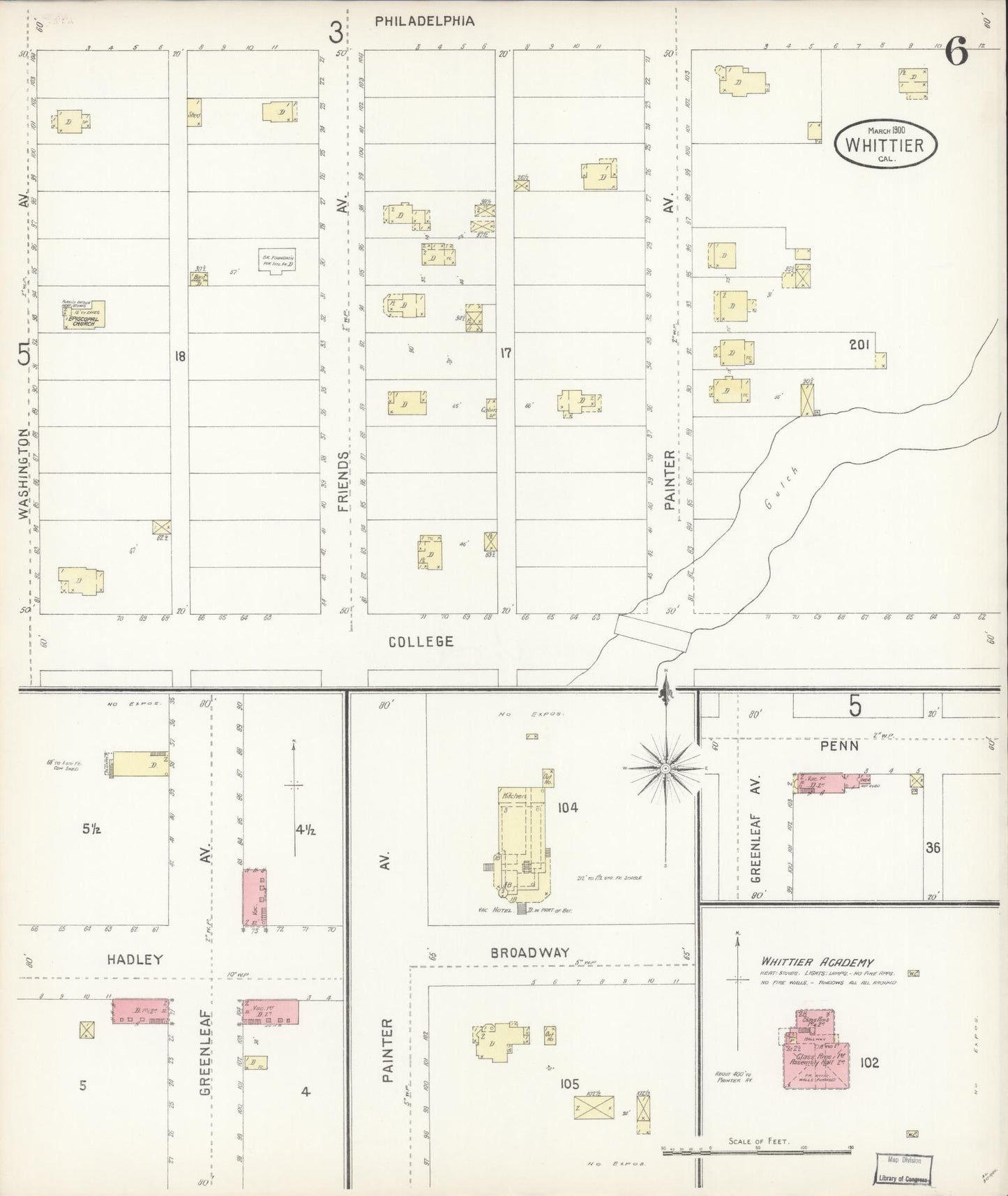 Sanborn Fire Insurance Map from Whittier, Los Angeles County, California (1900), Sheet #0006 - Complete Map Set gallery image, historic Sanborn map, vintage wall art, California California