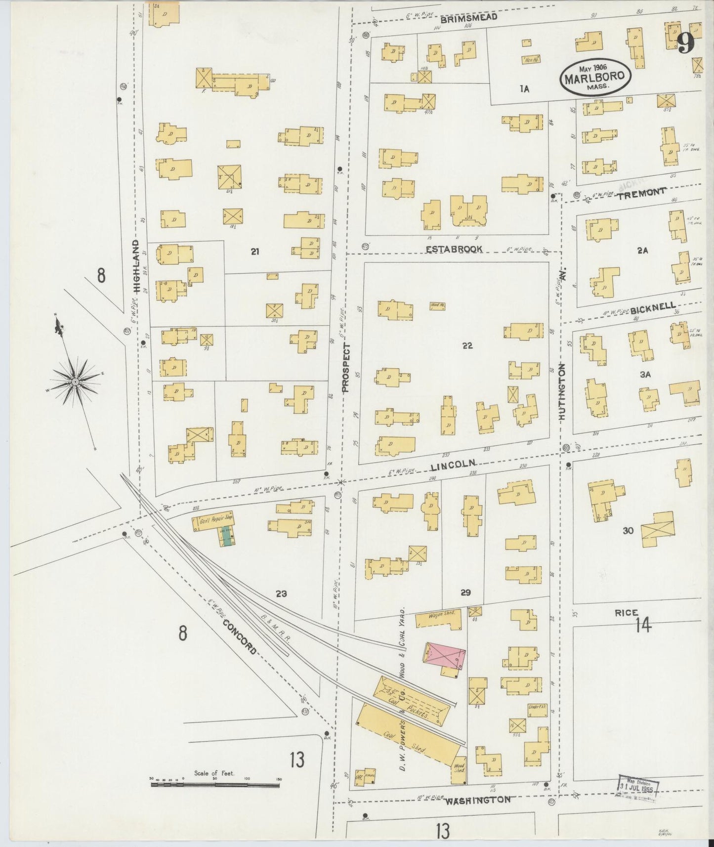 Sanborn Fire Insurance Map from Marlborough, Middlesex County, Massachusetts (1906), Sheet #0009 - Historic Sanborn Fire Insurance Map Print, vintage old map wall art, antique decor, genealogy gift, Massachusetts Massachusetts map