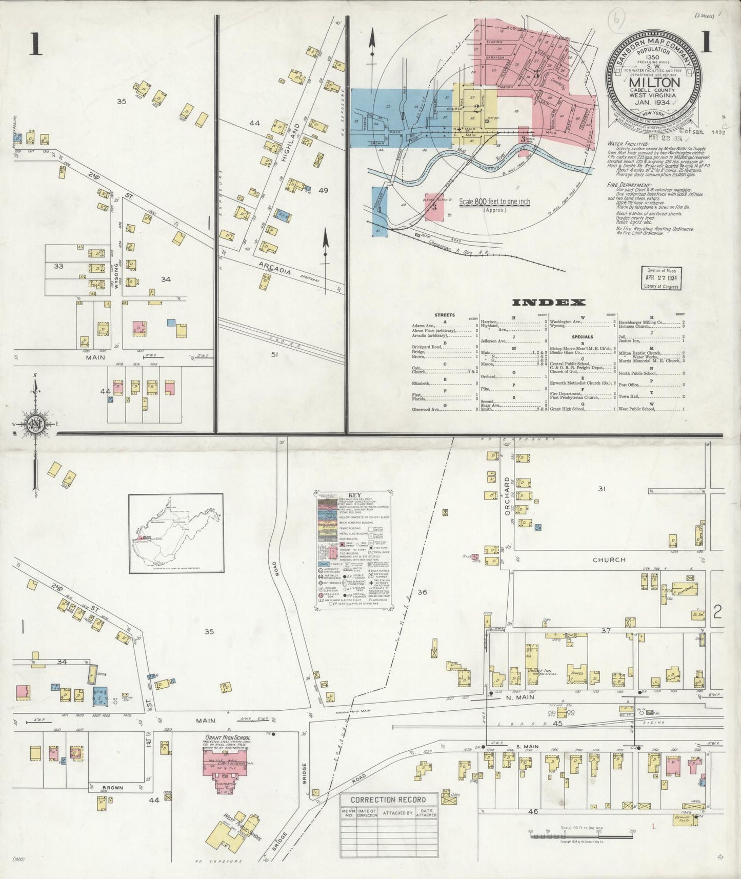 Sanborn Fire Insurance Map from Milton, Cabell County, West Virginia (1934), Sheet #0001 - Historic Sanborn Fire Insurance Map Print, vintage old map wall art, antique decor, genealogy gift, West Virginia West Virginia map