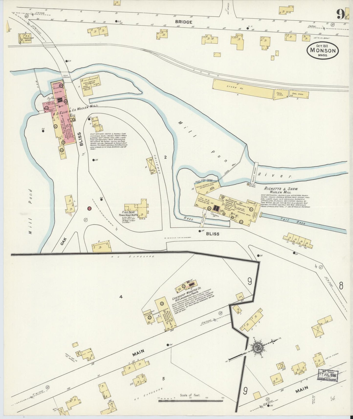 Sanborn Fire Insurance Map from Monson, Hampden County, Massachusetts (1911), Sheet #0009 - Historic Sanborn Fire Insurance Map Print, vintage old map wall art, antique decor, genealogy gift, Massachusetts Massachusetts map