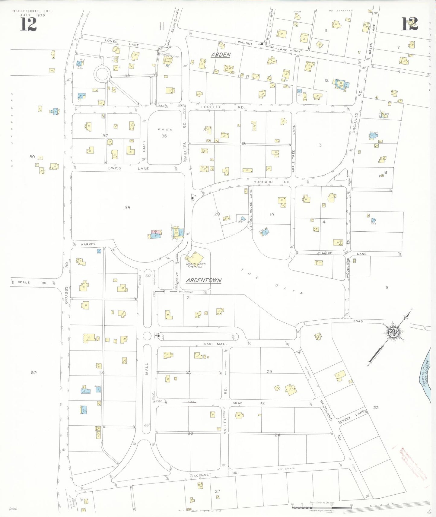 Sanborn Fire Insurance Map from Bellefonte, New Castle County, Delaware (1936), Sheet #0012 - Historic Sanborn Fire Insurance Map Print, vintage old map wall art, antique decor, genealogy gift, Delaware Delaware map