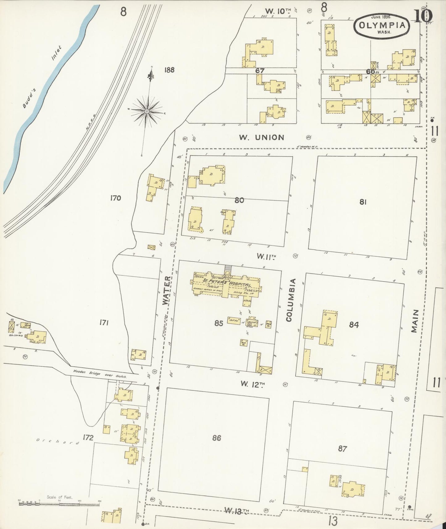 Sanborn Fire Insurance Map from Olympia, Thurston County, Washington (1896), Sheet #0010 - Historic Sanborn Fire Insurance Map Print, vintage old map wall art, antique decor, genealogy gift, Washington Washington map