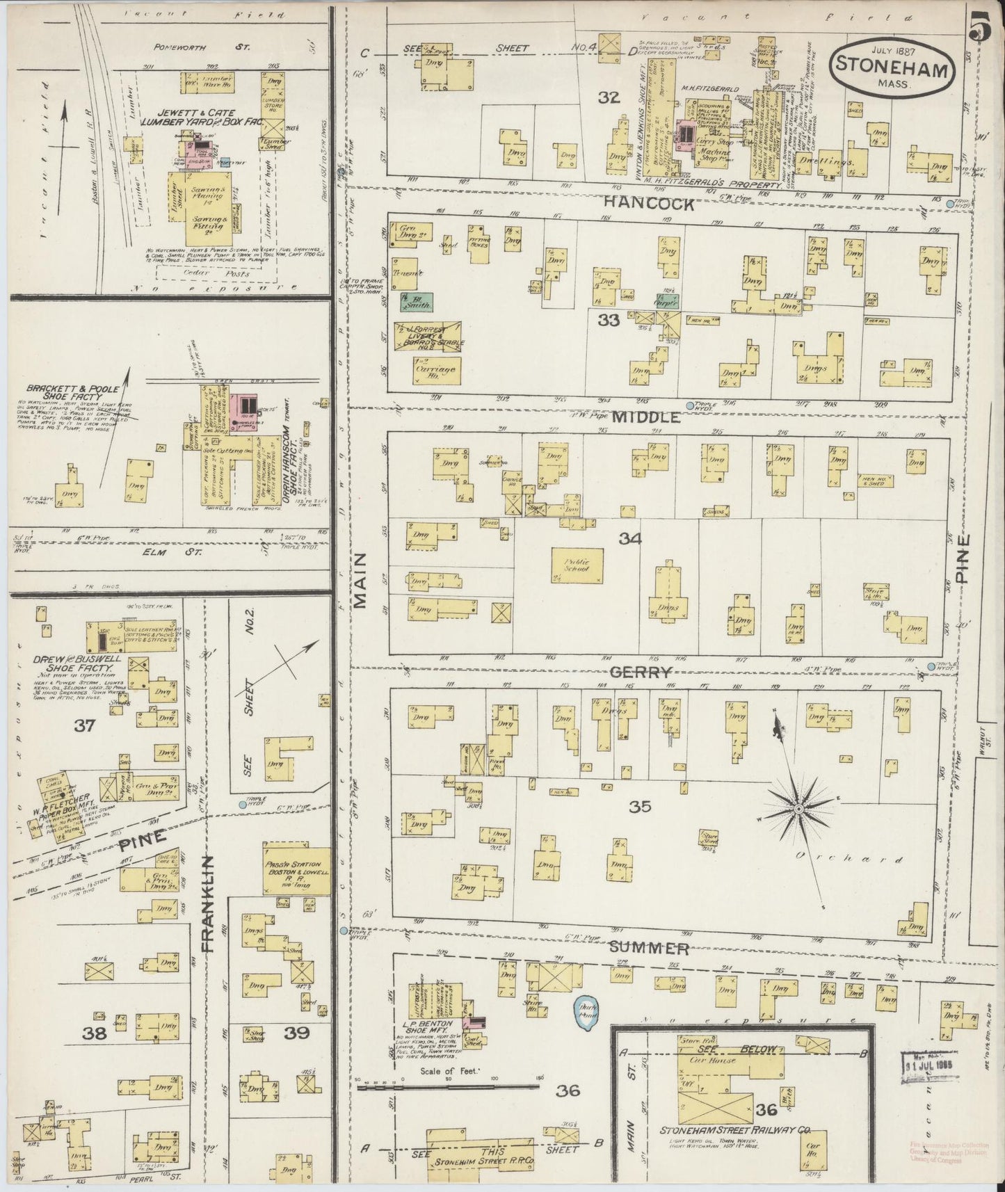 Sanborn Fire Insurance Map from Stoneham, Middlesex County, Massachusetts (1887), Sheet #0005 - Historic Sanborn Fire Insurance Map Print, vintage old map wall art, antique decor, genealogy gift, Massachusetts Massachusetts map