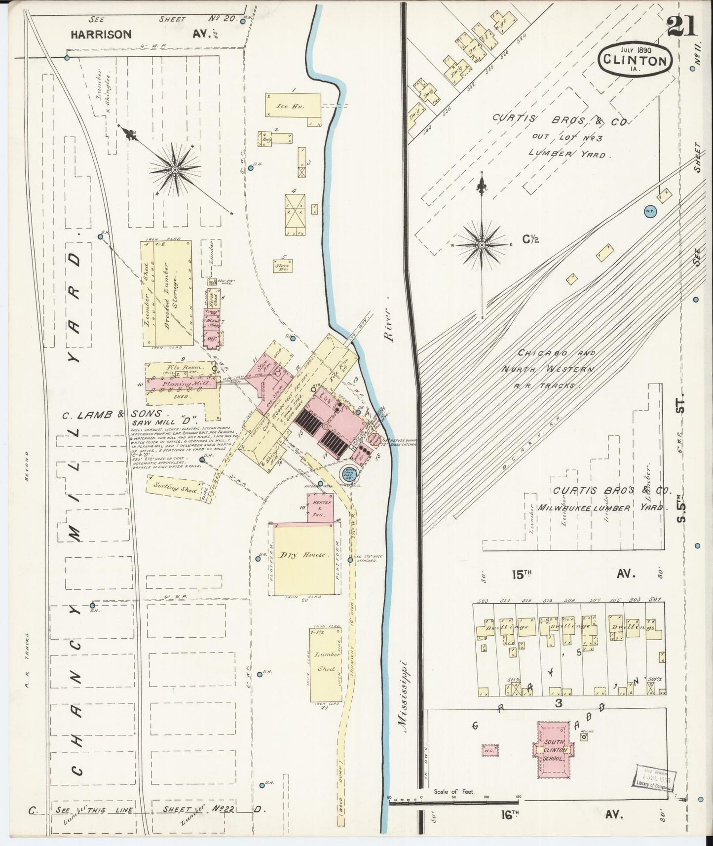 Sanborn Fire Insurance Map from Clinton, Clinton County, Iowa (1890), Sheet #0021 - Historic Sanborn Fire Insurance Map Print, vintage old map wall art