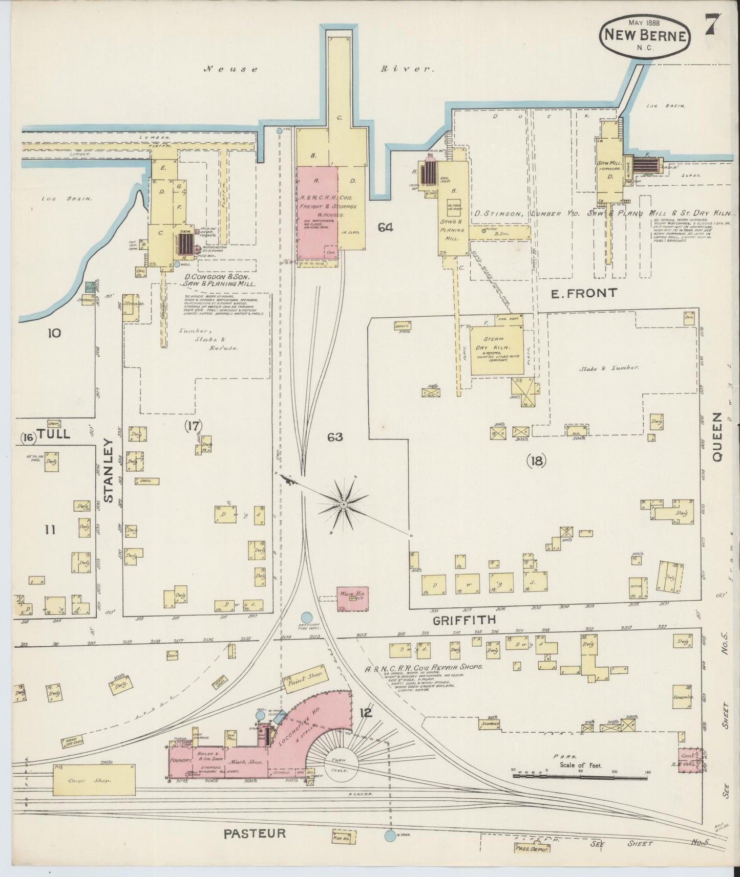 Sanborn Fire Insurance Map from New Bern, Craven County, North Carolina (1888), Sheet #0007 - Complete Map Set gallery image, historic Sanborn map, vintage wall art, North Carolina North Carolina