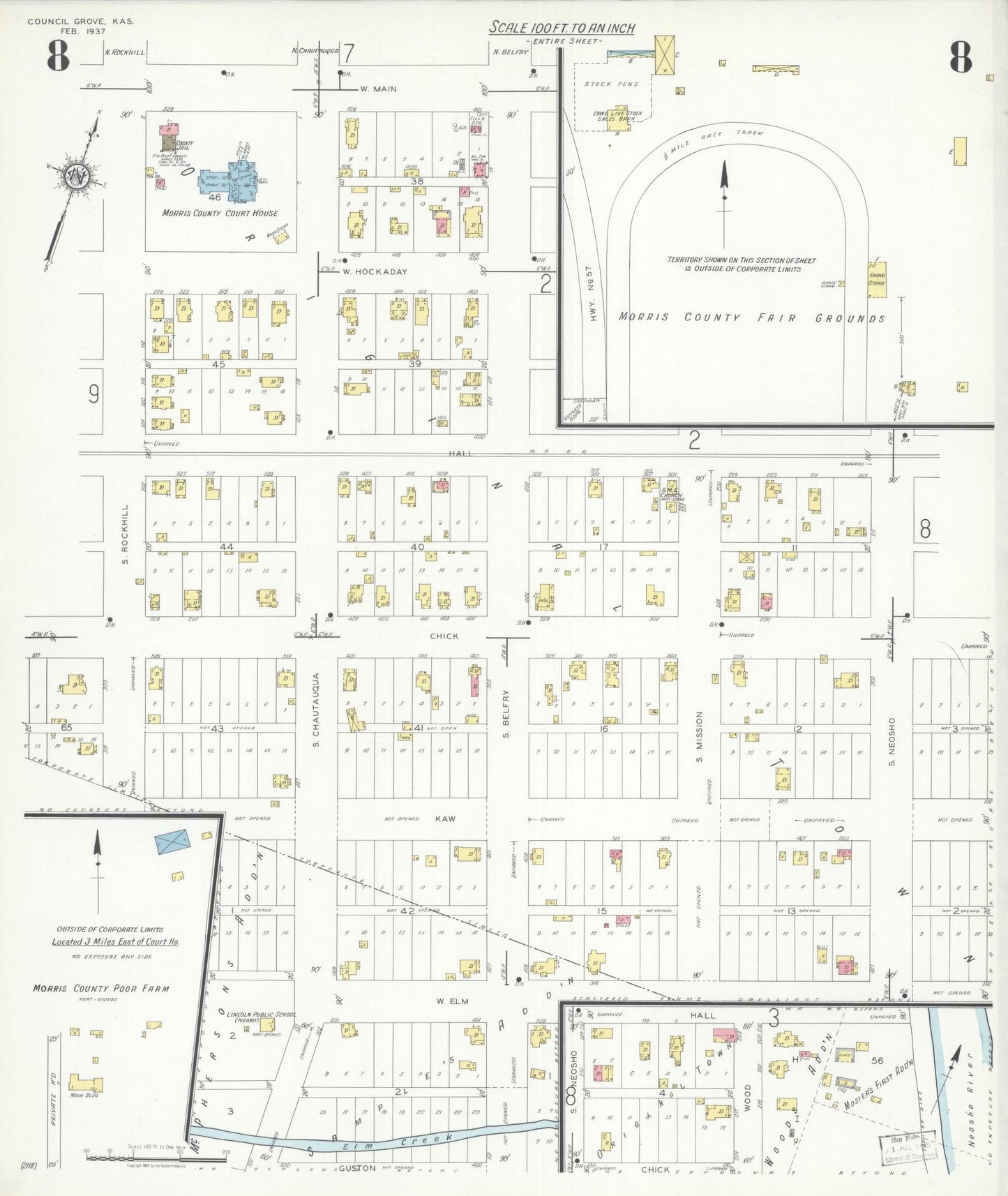 Sanborn Fire Insurance Map from Council Grove, Morris County, Kansas (1937), Sheet #0008 - Historic Sanborn Fire Insurance Map Print, vintage old map wall art, antique decor, genealogy gift, Kansas Kansas map