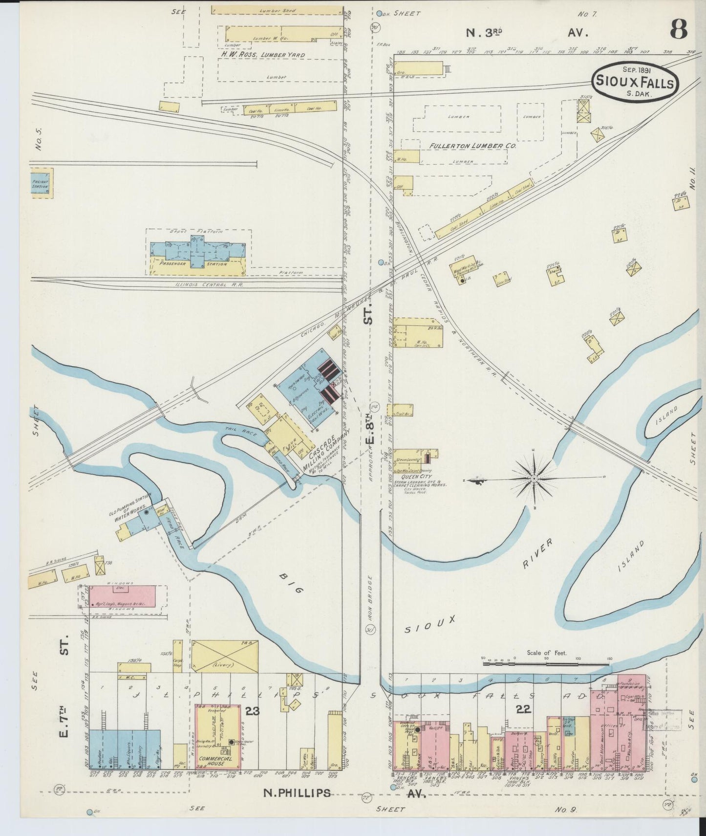 Sanborn Fire Insurance Map from Sioux Falls, Minnehaha County, South Dakota (1891), Sheet #0008 - Historic Sanborn Fire Insurance Map Print, vintage old map wall art, antique decor, genealogy gift, South Dakota South Dakota map