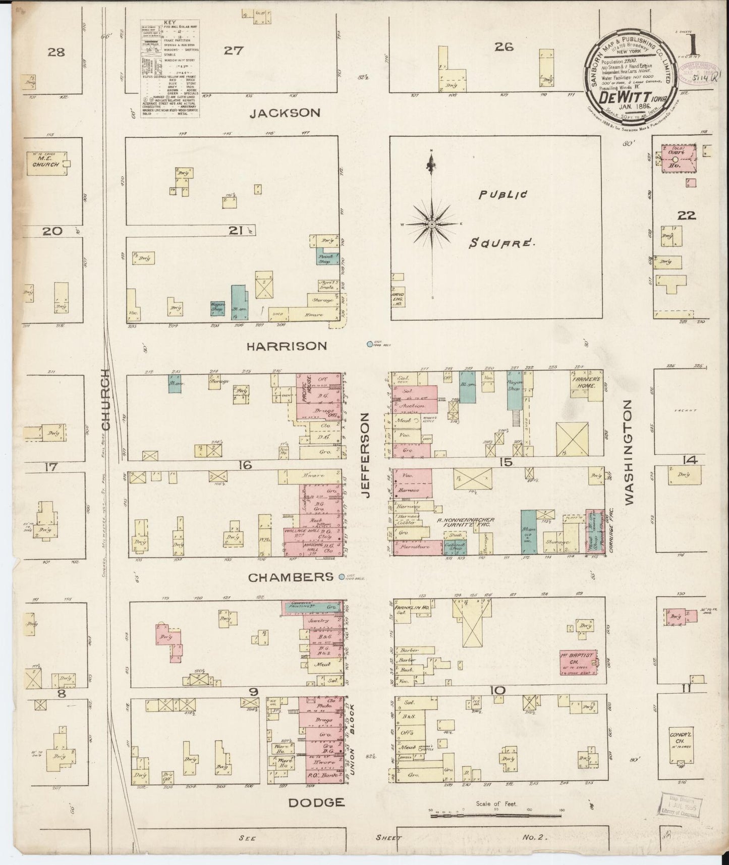 Sanborn Fire Insurance Map from De Witt, Clinton County, Iowa (1886), Sheet #0001 - Historic Sanborn Fire Insurance Map Print, vintage old map wall art