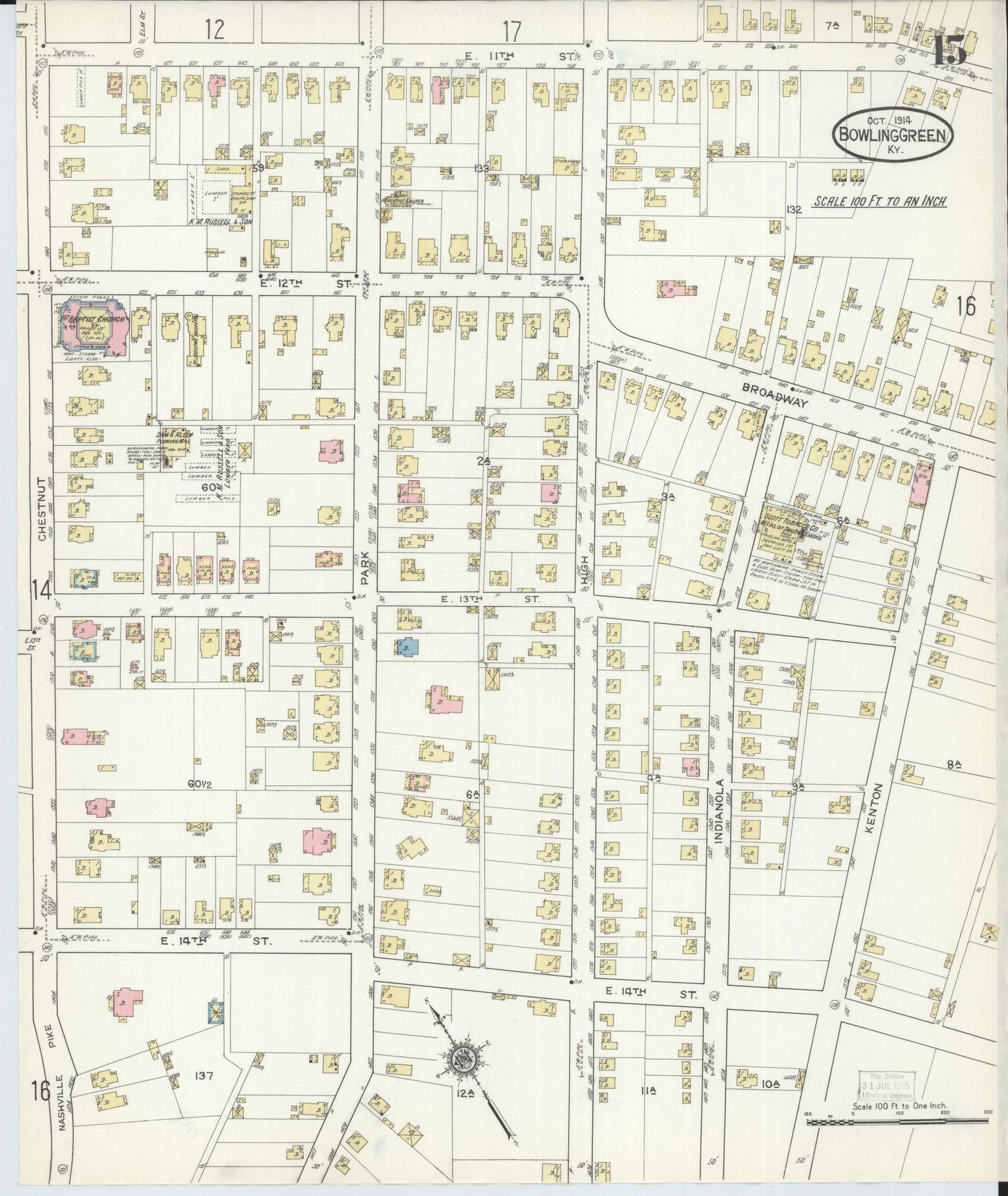 Sanborn Fire Insurance Map from Bowling Green, Warren County, Kentucky (1914), Sheet #0015 - Historic Sanborn Fire Insurance Map Print, vintage old map wall art, antique decor, genealogy gift, Kentucky Kentucky map