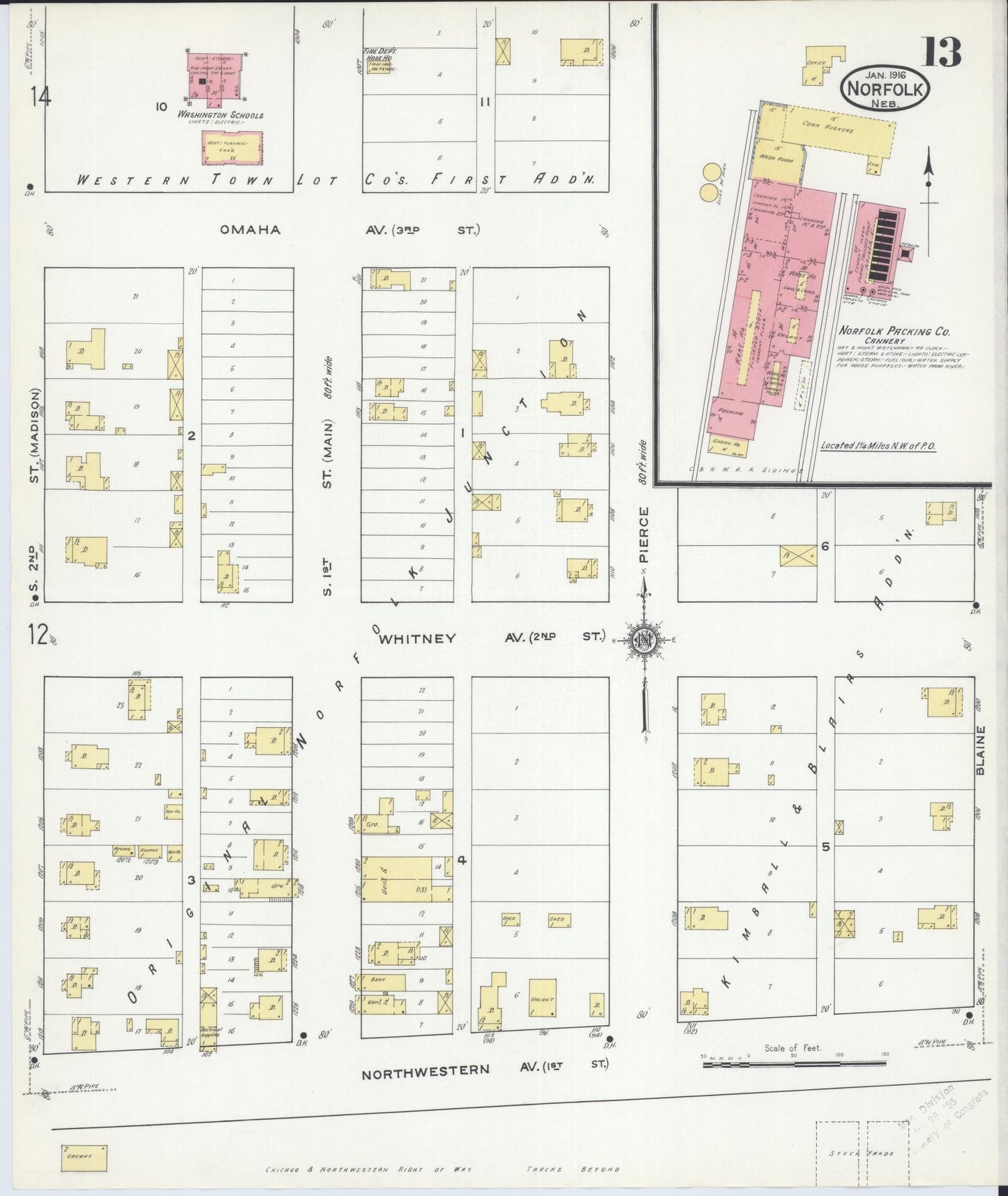 Sanborn Fire Insurance Map from Norfolk, Madison County, Nebraska (1916), Sheet #0013 - Historic Sanborn Fire Insurance Map Print, vintage old map wall art, antique decor, genealogy gift, Nebraska Nebraska map