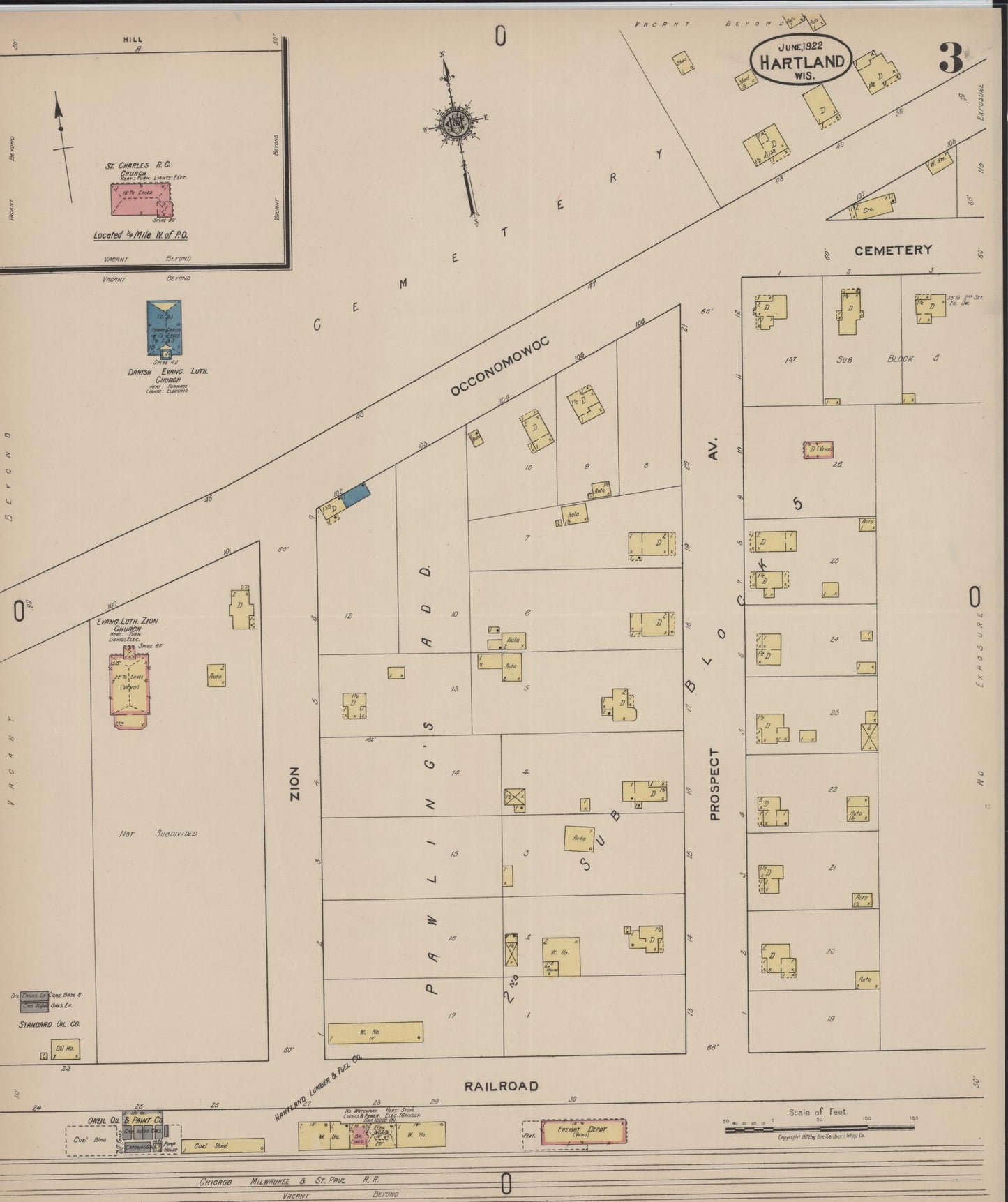 Sanborn Fire Insurance Map from Hartland, Waukesha County, Wisconsin (1922), Sheet #0003 - Complete Map Set gallery image, historic Sanborn map, vintage wall art, Wisconsin Wisconsin