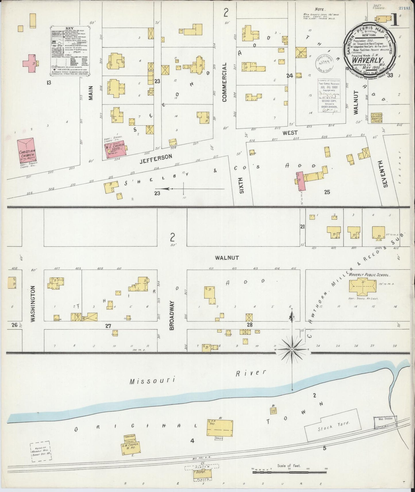 Sanborn Fire Insurance Map from Waverly, Lafayette County, Missouri (1900), Sheet #0001 - Historic Sanborn Fire Insurance Map Print, vintage old map wall art, antique decor, genealogy gift, Missouri Missouri map