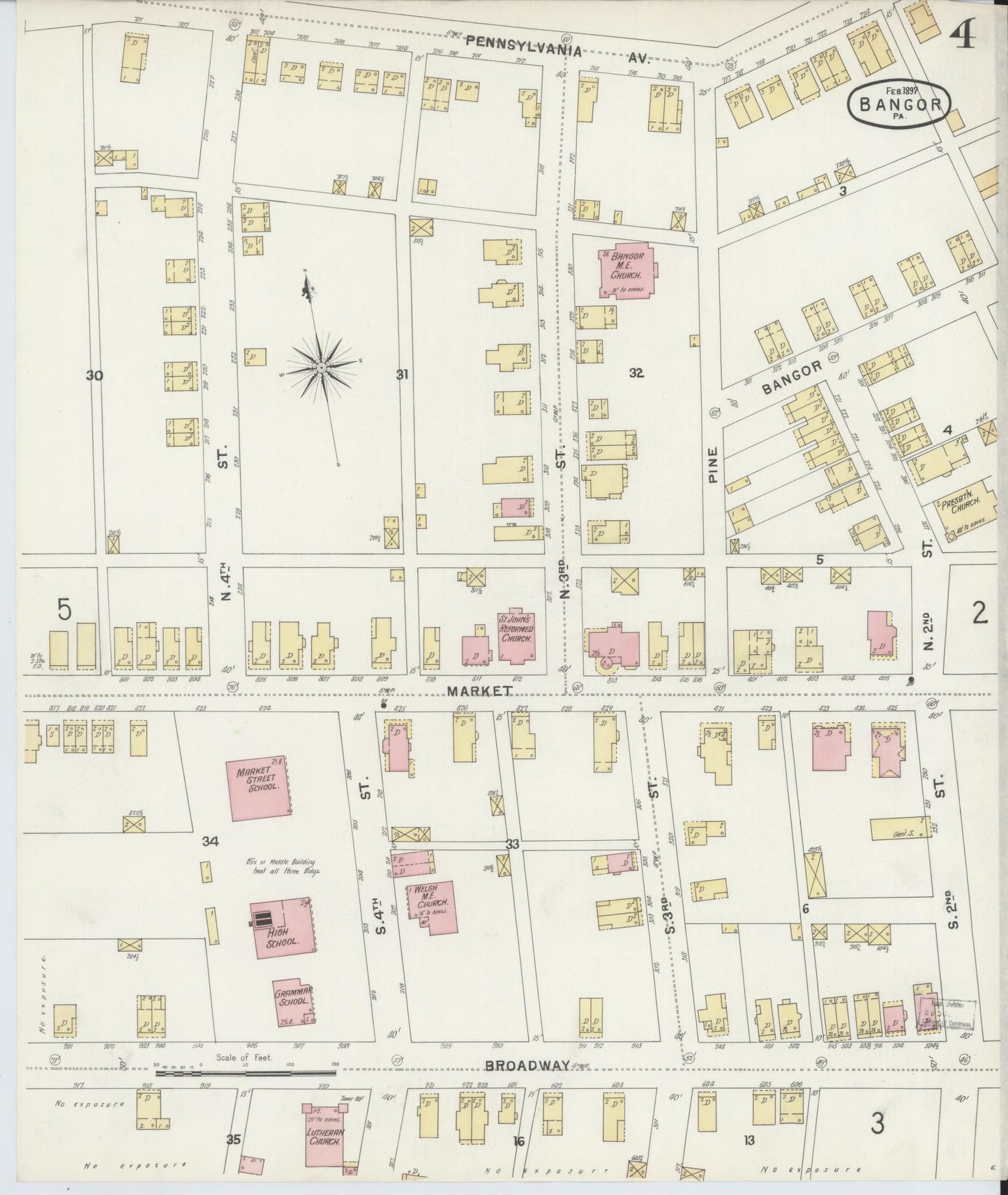 Sanborn Fire Insurance Map from Bangor, Northampton County, Pennsylvania (1897), Sheet #0004 - Historic Sanborn Fire Insurance Map Print, vintage old map wall art, antique decor, genealogy gift, Pennsylvania Pennsylvania map