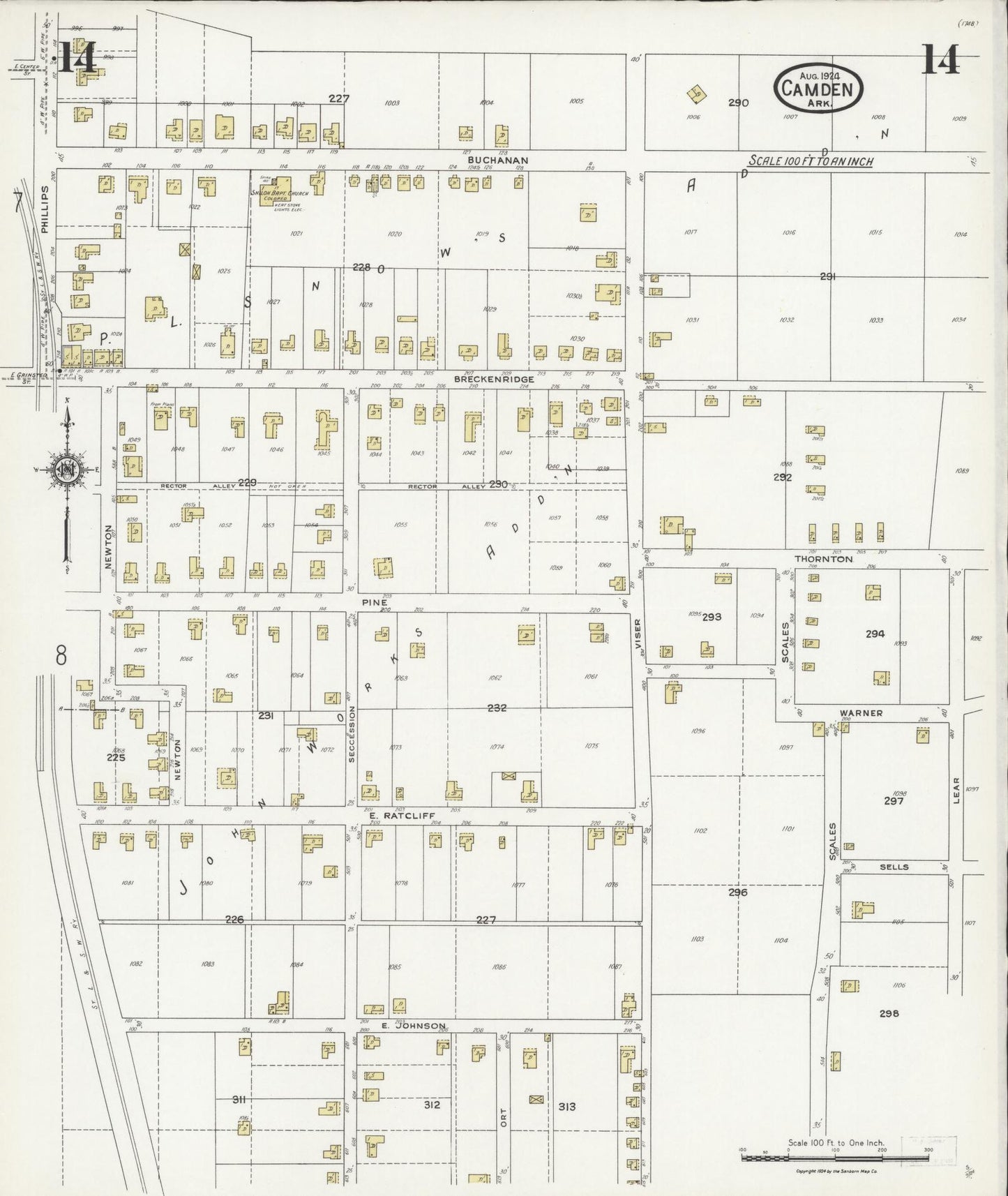 Sanborn Fire Insurance Map from Camden, Ouachita County, Arkansas (1924), Sheet #0014 - Historic Sanborn Fire Insurance Map Print, vintage old map wall art, antique decor, genealogy gift, Arkansas Arkansas map