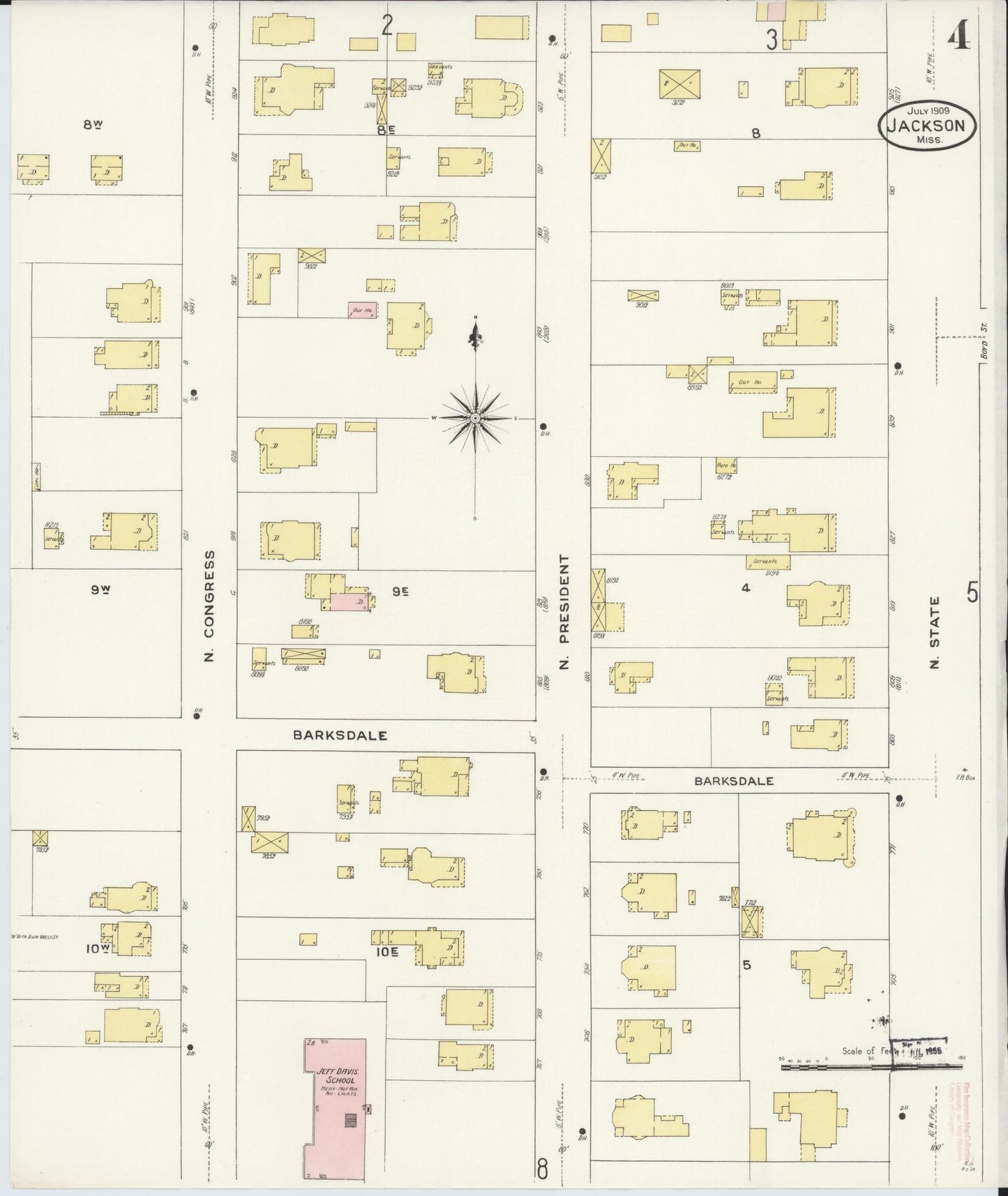 Sanborn Fire Insurance Map from Jackson, Hinds County, Mississippi (1909), Sheet #0004 - Historic Sanborn Fire Insurance Map Print, vintage old map wall art, antique decor, genealogy gift, Mississippi Mississippi map