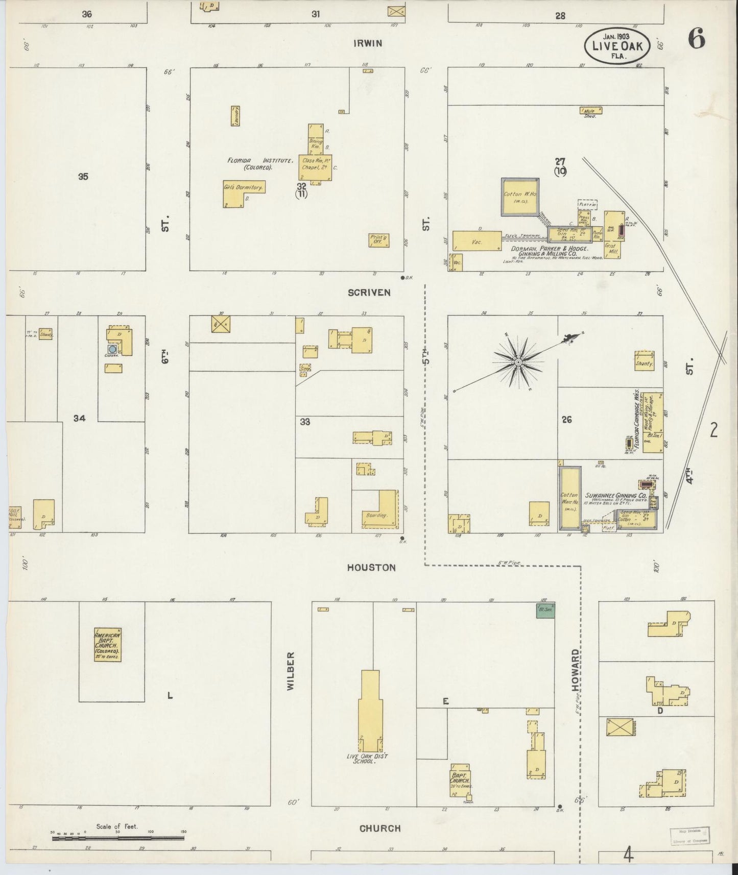Sanborn Fire Insurance Map from Live Oak, Suwanee County, Florida (1903), Sheet #0006 - Historic Sanborn Fire Insurance Map Print, vintage old map wall art, antique decor, genealogy gift, Florida Florida map