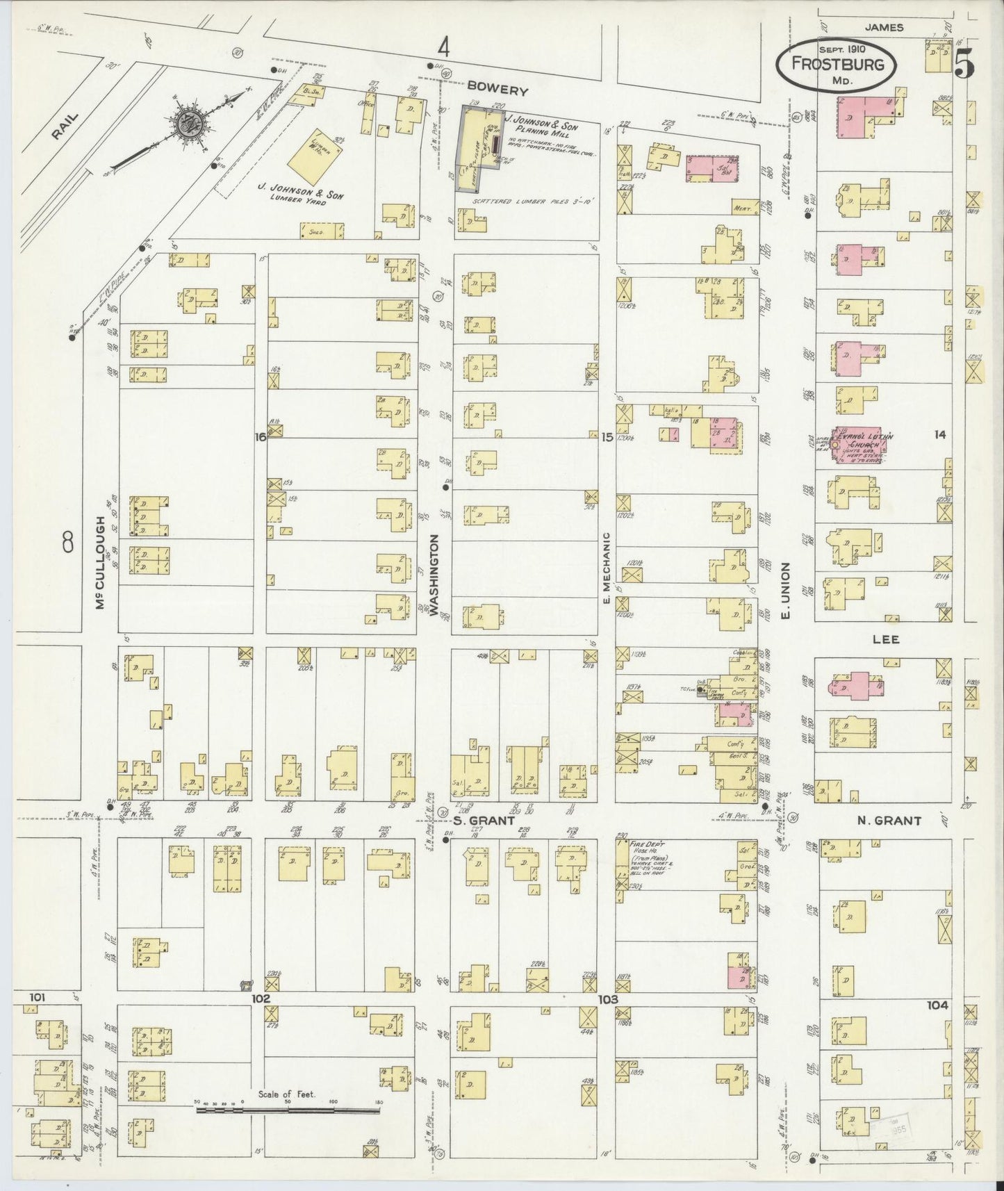 Sanborn Fire Insurance Map from Frostburg, Allegany County, Maryland (1910), Sheet #0005 - Historic Sanborn Fire Insurance Map Print, vintage old map wall art