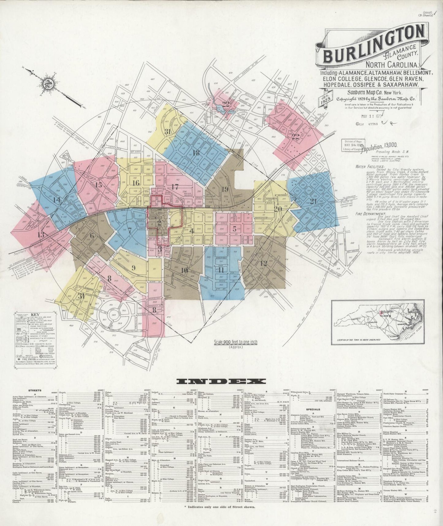 Sanborn Fire Insurance Map from Burlington, Alamance County, North Carolina (1929), Sheet #0001 - Historic Sanborn Fire Insurance Map Print, vintage old map wall art, antique decor, genealogy gift, North Carolina North Carolina map