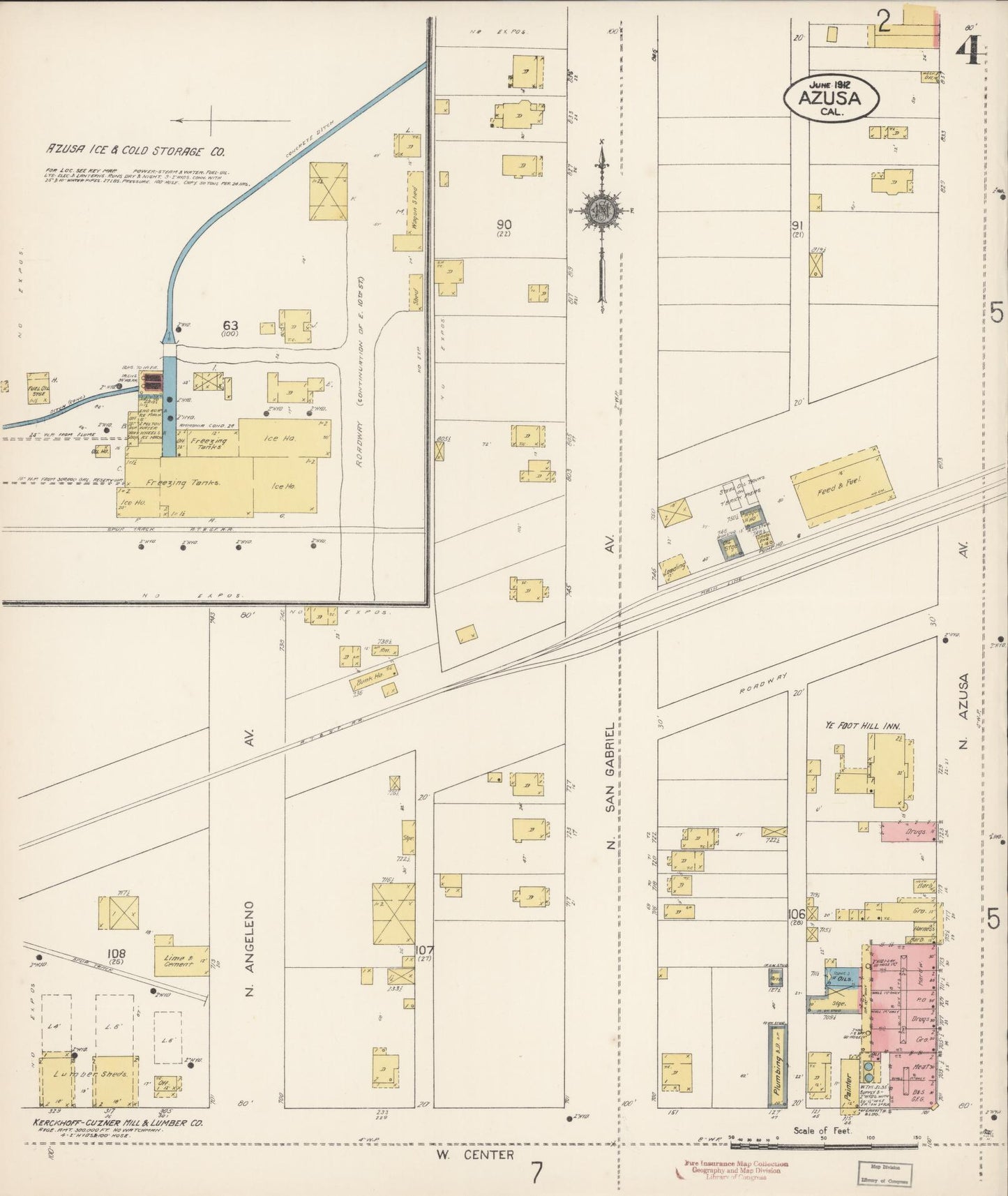 Sanborn Fire Insurance Map from Azusa, Los Angeles County, California (1912), Sheet #0004 - Historic Sanborn Fire Insurance Map Print, vintage old map wall art, antique decor, genealogy gift, California California map