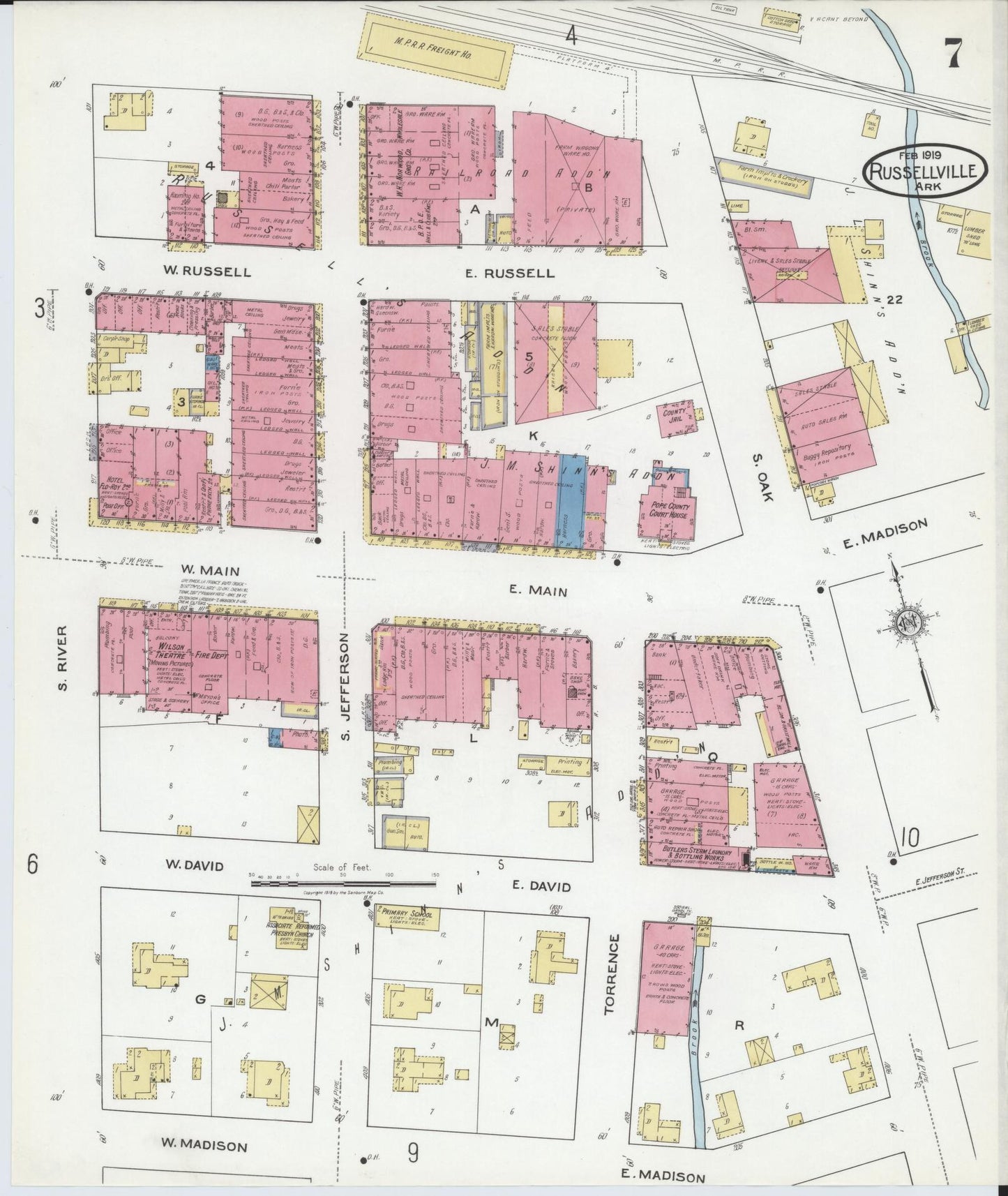 Sanborn Fire Insurance Map from Russellville, Pope County, Arkansas (1919), Sheet #0007 - Historic Sanborn Fire Insurance Map Print, vintage old map wall art, antique decor, genealogy gift, Arkansas Arkansas map