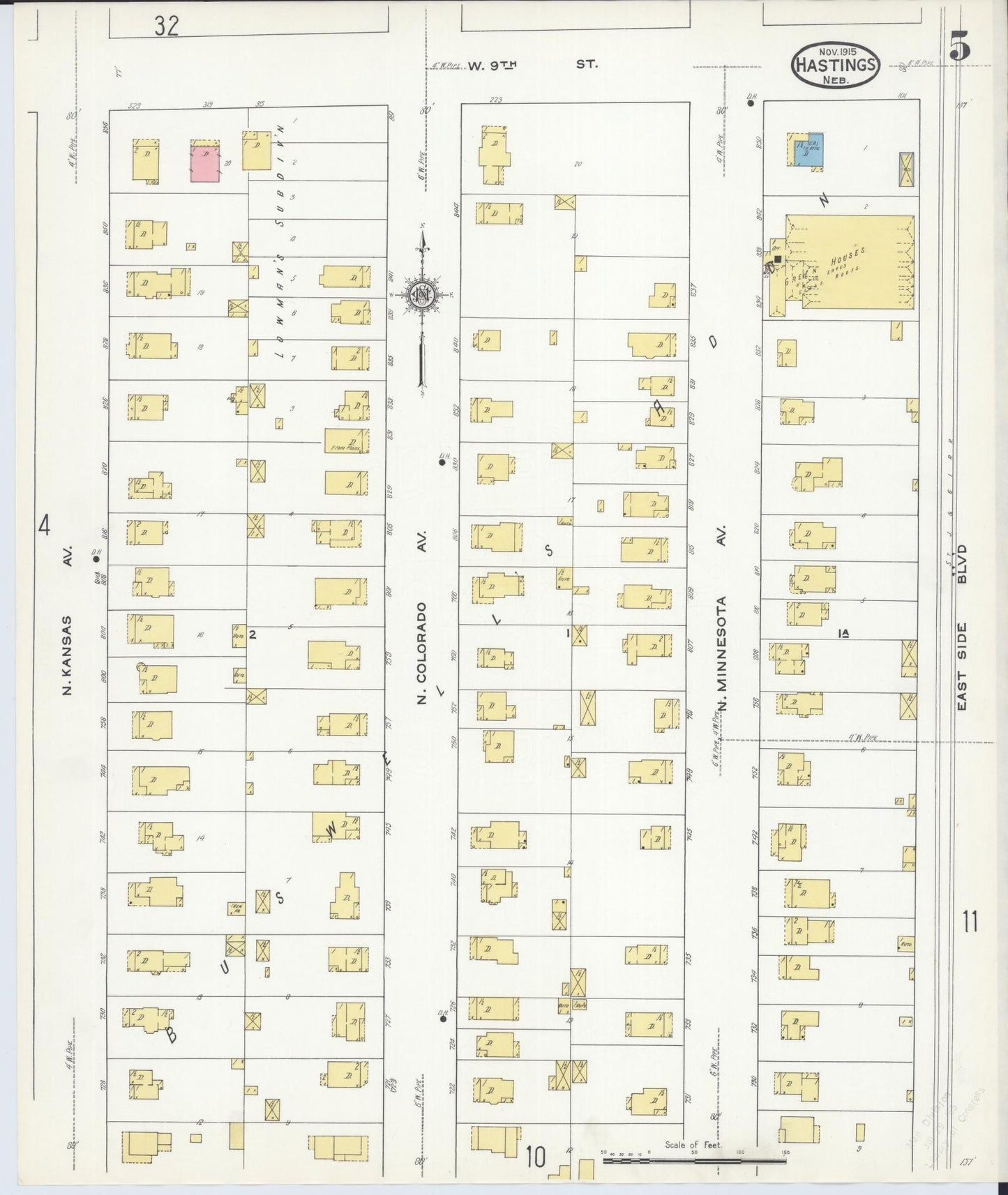 Sanborn Fire Insurance Map from Hastings, Adams County, Nebraska (1915), Sheet #0005 - Historic Sanborn Fire Insurance Map Print, vintage old map wall art, antique decor, genealogy gift, Nebraska Nebraska map