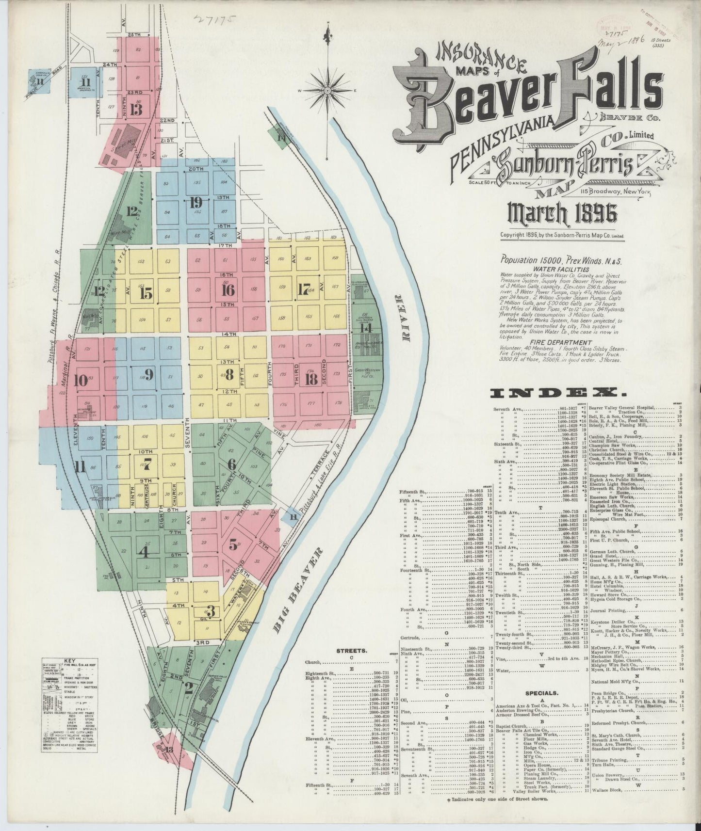 Sanborn Fire Insurance Map from Beaver Falls, Beaver County, Pennsylvania (1896), Sheet #0001 - Historic Sanborn Fire Insurance Map Print, vintage old map wall art, antique decor, genealogy gift, Pennsylvania Pennsylvania map