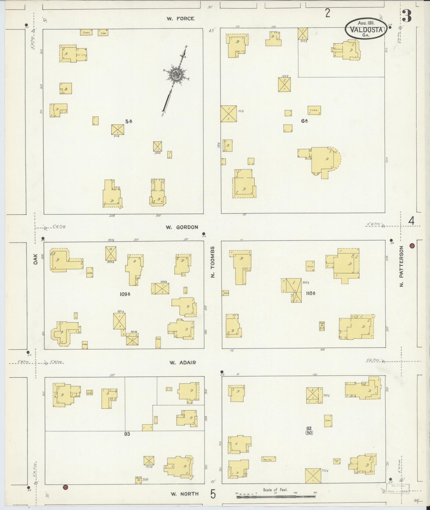 Sanborn Fire Insurance Map from Valdosta, Lowndes County, Georgia (1911), Sheet #0003 - Historic Sanborn Fire Insurance Map Print, vintage old map wall art, antique decor, genealogy gift, Georgia Georgia map