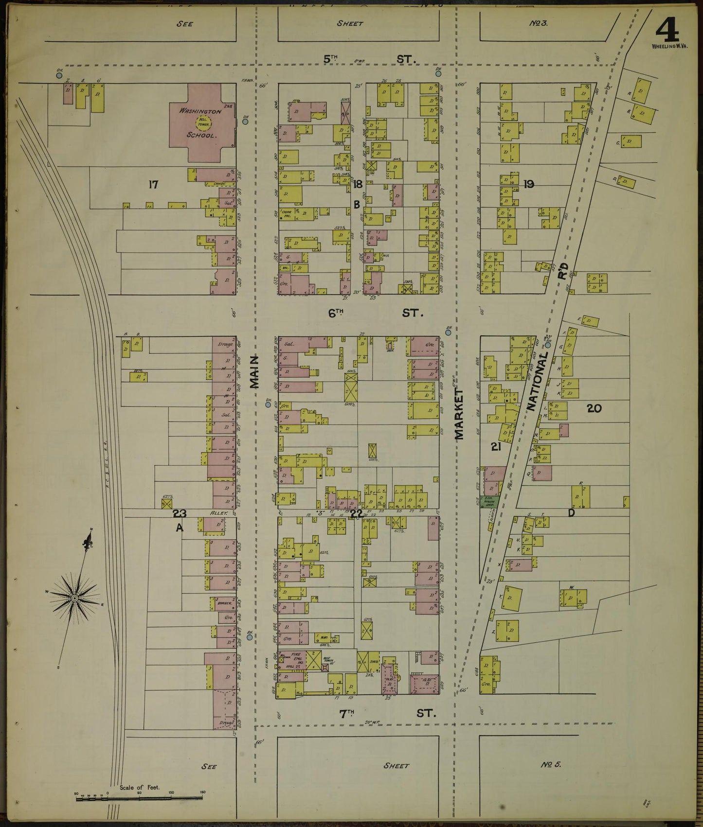 Sanborn Fire Insurance Map from Wheeling, Ohio County, West Virginia (1890), Sheet #0004 - Historic Sanborn Fire Insurance Map Print, vintage old map wall art, antique decor, genealogy gift, West Virginia West Virginia map