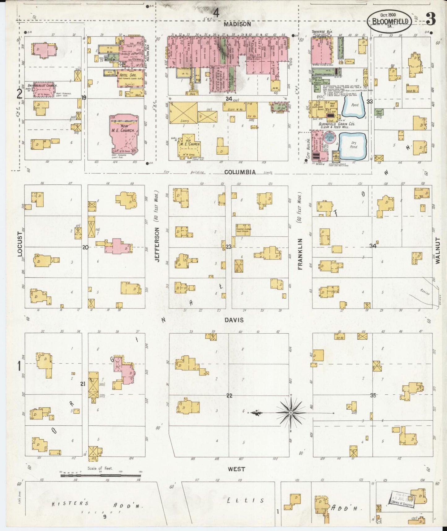 Sanborn Fire Insurance Map from Bloomfield, Davis County, Iowa (1900), Sheet #0003 - Historic Sanborn Fire Insurance Map Print, vintage old map wall art