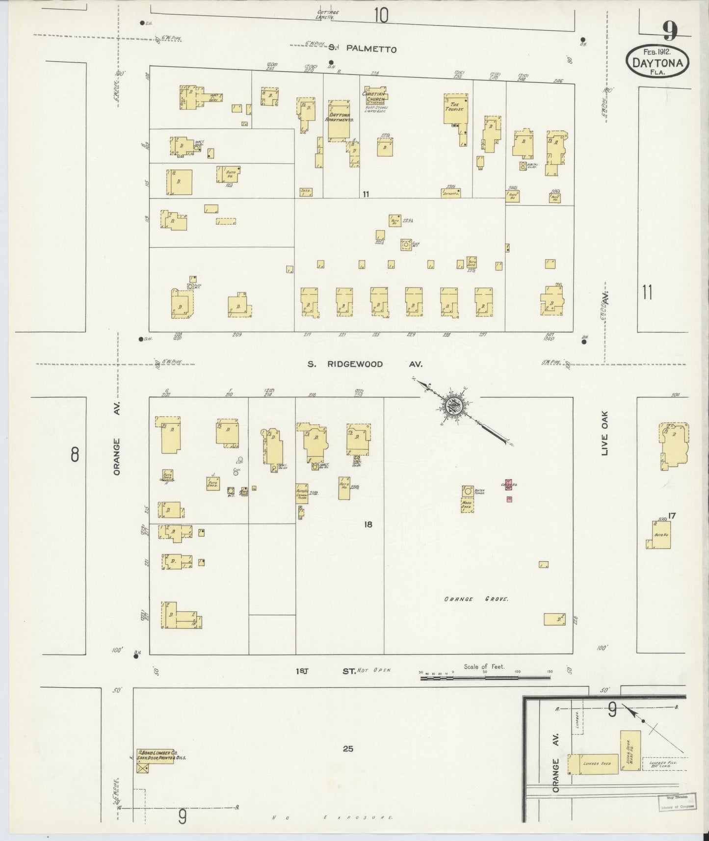 Sanborn Fire Insurance Map from Daytona, Volusia County, Florida (1912), Sheet #0009 - Historic Sanborn Fire Insurance Map Print, vintage old map wall art, antique decor, genealogy gift, Florida Florida map