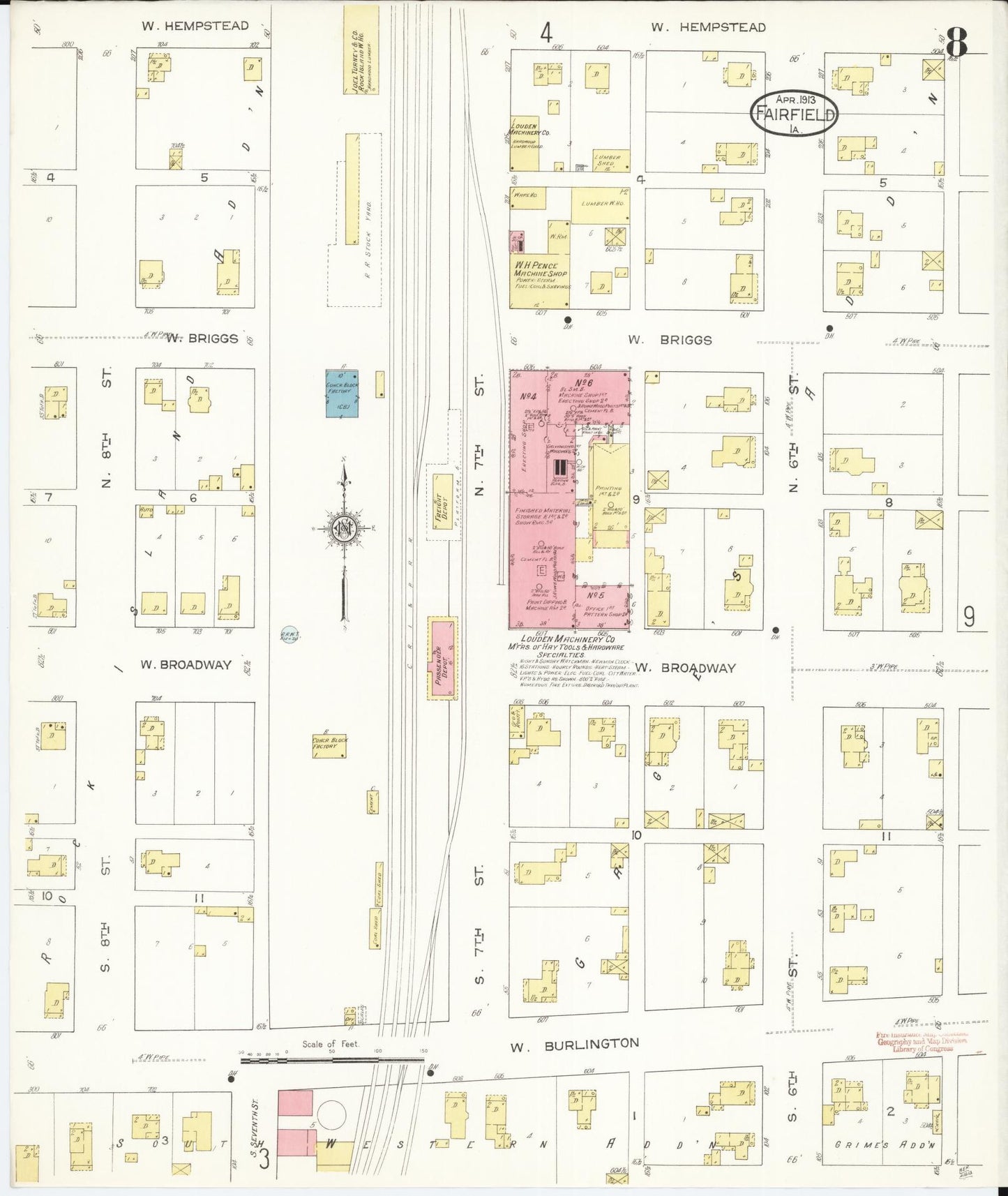 Sanborn Fire Insurance Map from Fairfield, Jefferson County, Iowa (1913), Sheet #0008 - Historic Sanborn Fire Insurance Map Print, vintage old map wall art