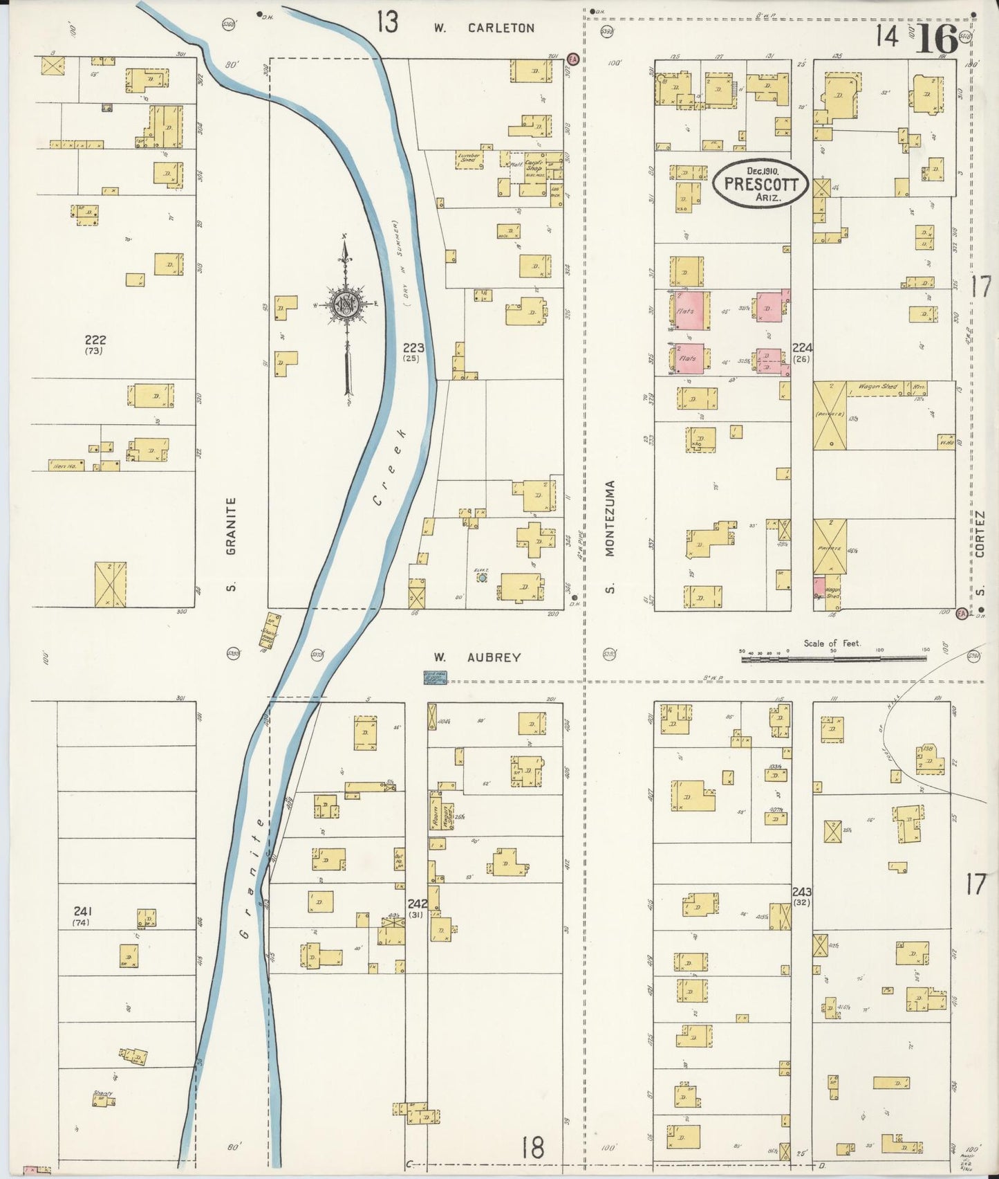 Sanborn Fire Insurance Map from Prescott, Yavapai County, Arizona (1910), Sheet #0016 - Historic Sanborn Fire Insurance Map Print, vintage old map wall art, antique decor, genealogy gift, Arizona Arizona map