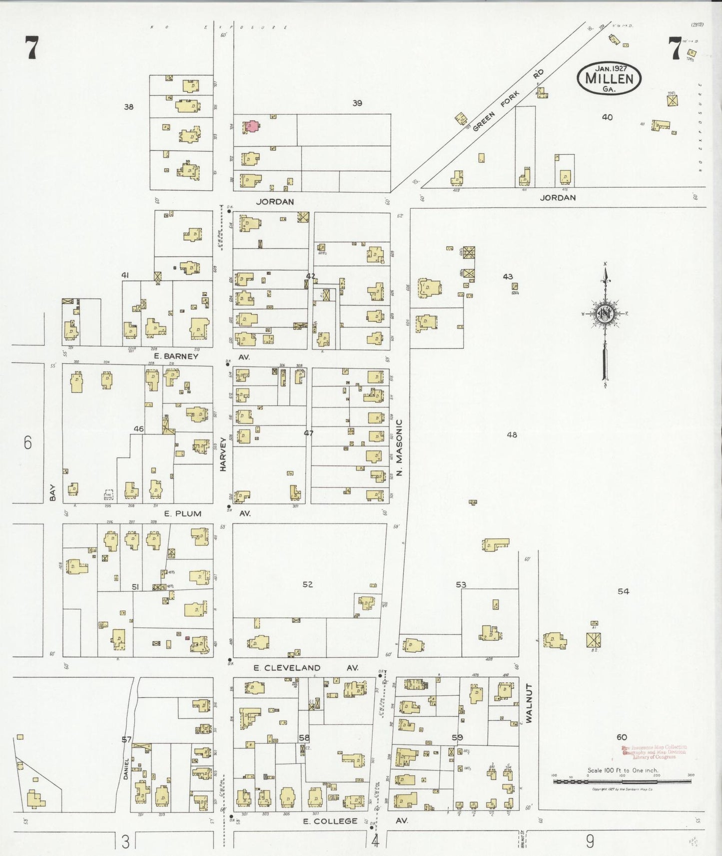 Sanborn Fire Insurance Map from Millen, Jenkins County, Georgia (1927), Sheet #0007 - Historic Sanborn Fire Insurance Map Print, vintage old map wall art, antique decor, genealogy gift, Georgia Georgia map