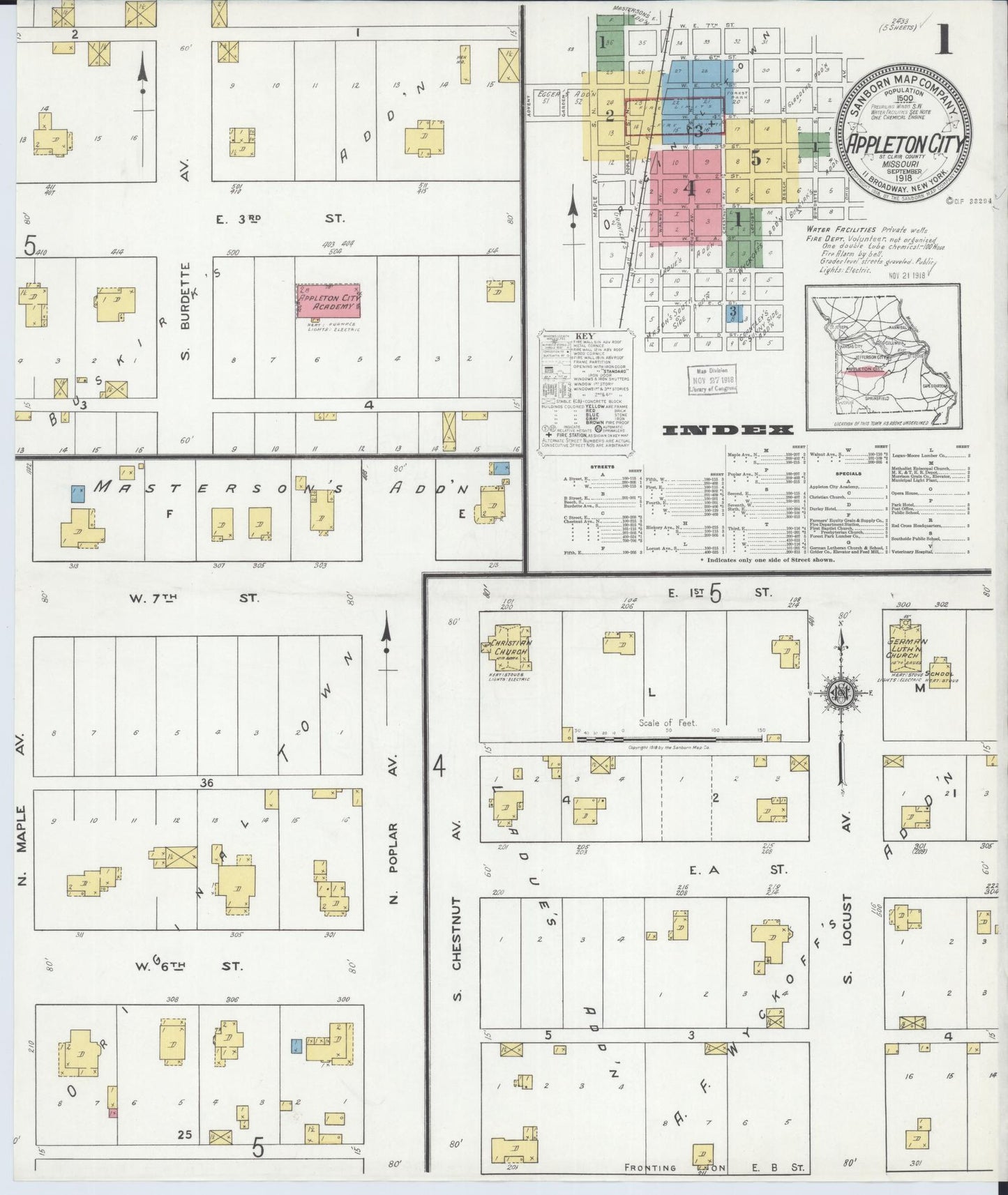 Sanborn Fire Insurance Map from Appleton City, Saint Clair County, Missouri (1918), Sheet #0001 - Historic Sanborn Fire Insurance Map Print, vintage old map wall art, antique decor, genealogy gift, Missouri Missouri map