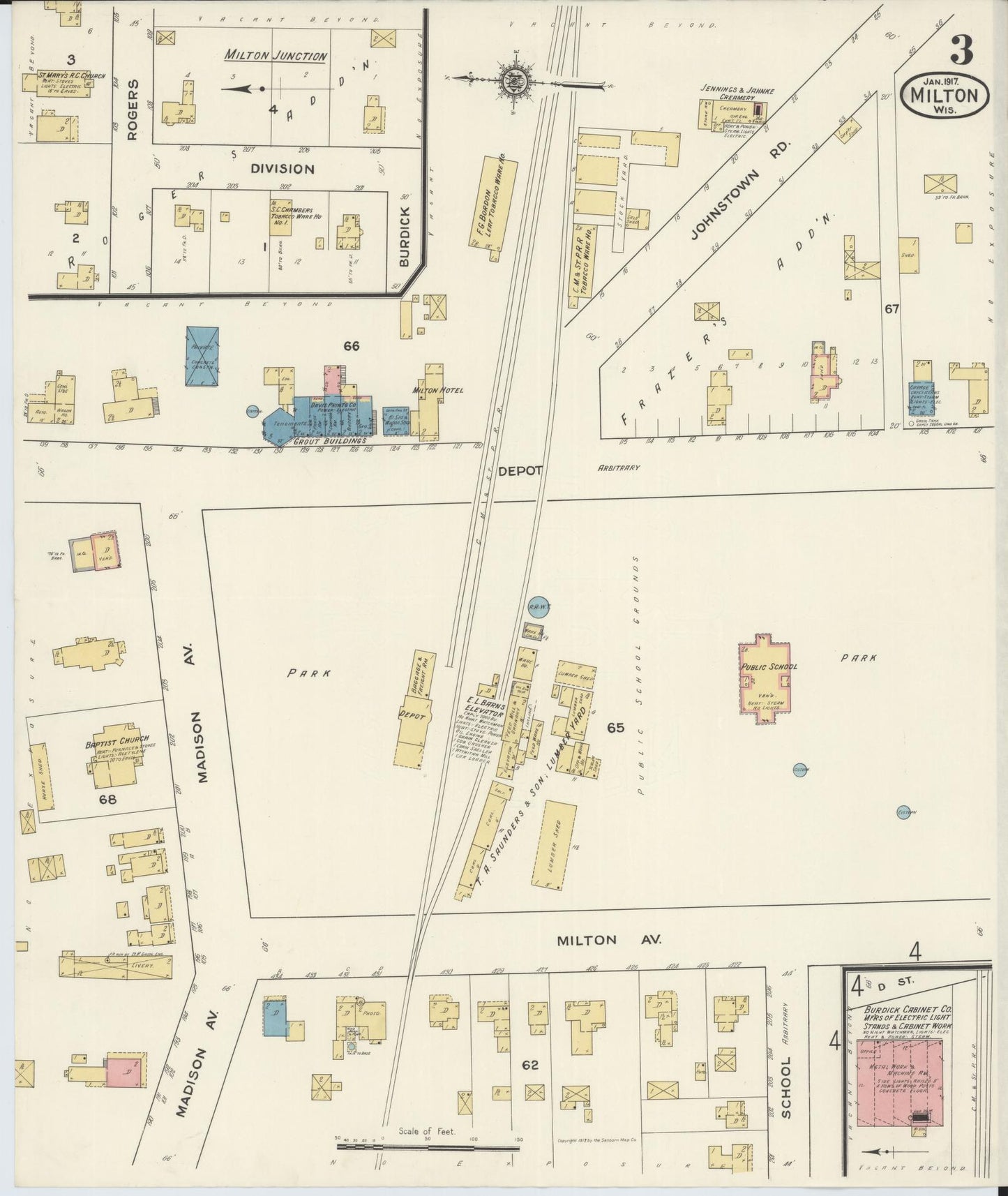 Sanborn Fire Insurance Map from Milton, Rock County, Wisconsin (1917), Sheet #0003 - Historic Sanborn Fire Insurance Map Print, vintage old map wall art, antique decor, genealogy gift, Wisconsin Wisconsin map