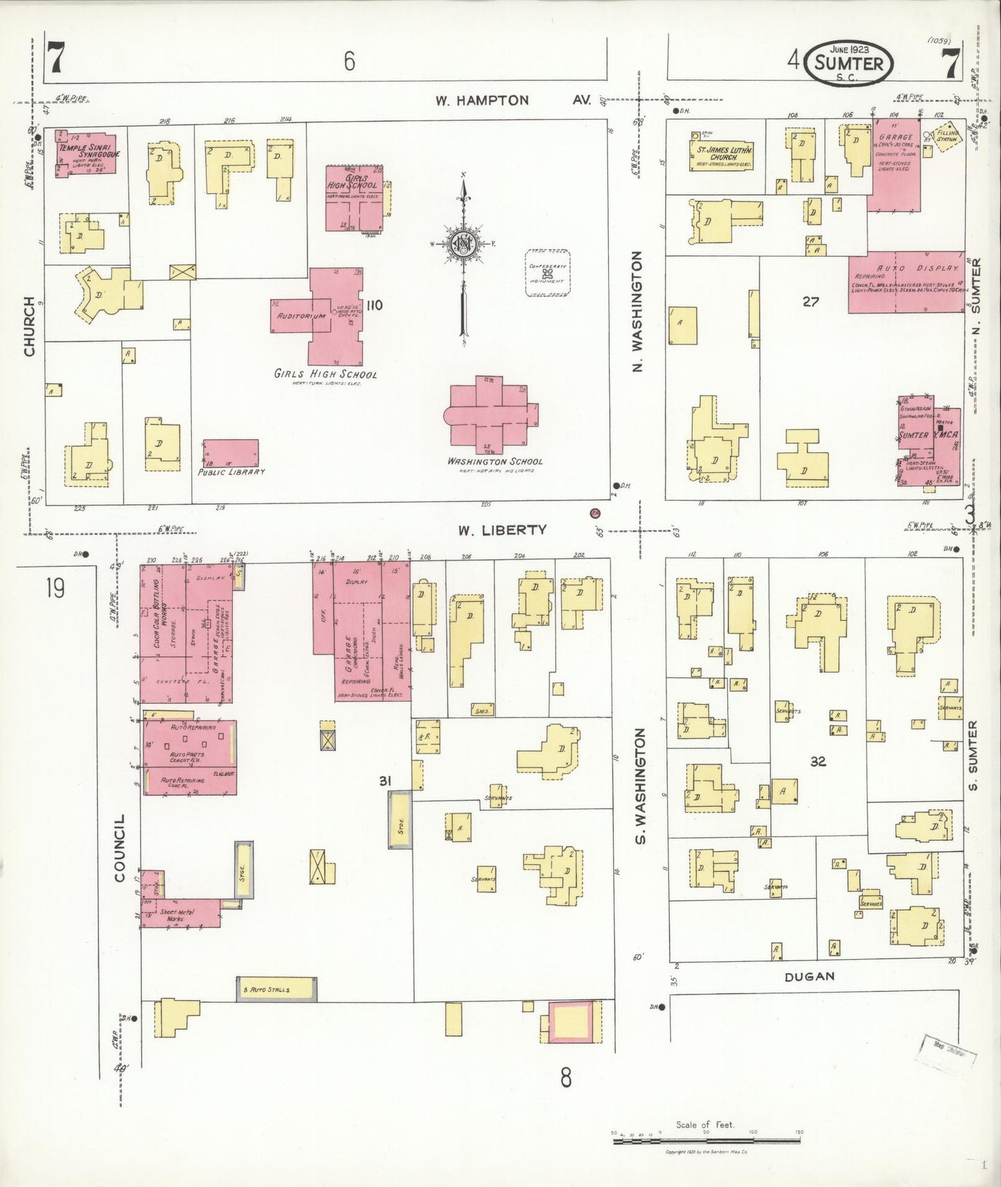 Sanborn Fire Insurance Map from Sumter, Sumter County, South Carolina (1923), Sheet #0007 - Historic Sanborn Fire Insurance Map Print, vintage old map wall art, antique decor, genealogy gift, South Carolina South Carolina map