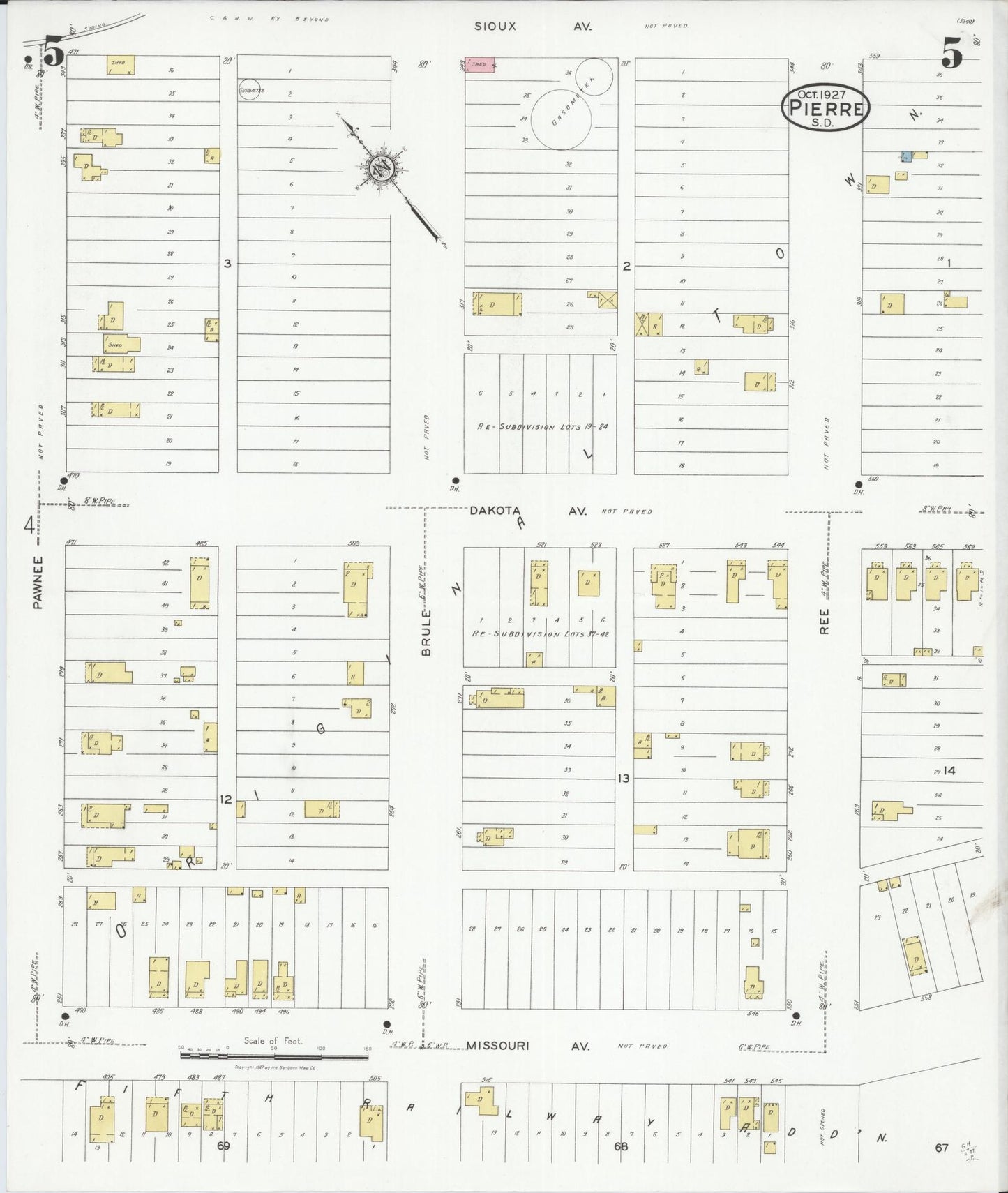 Sanborn Fire Insurance Map from Pierre, Hughes County, South Dakota (1927), Sheet #0005 - Historic Sanborn Fire Insurance Map Print, vintage old map wall art, antique decor, genealogy gift, South Dakota South Dakota map