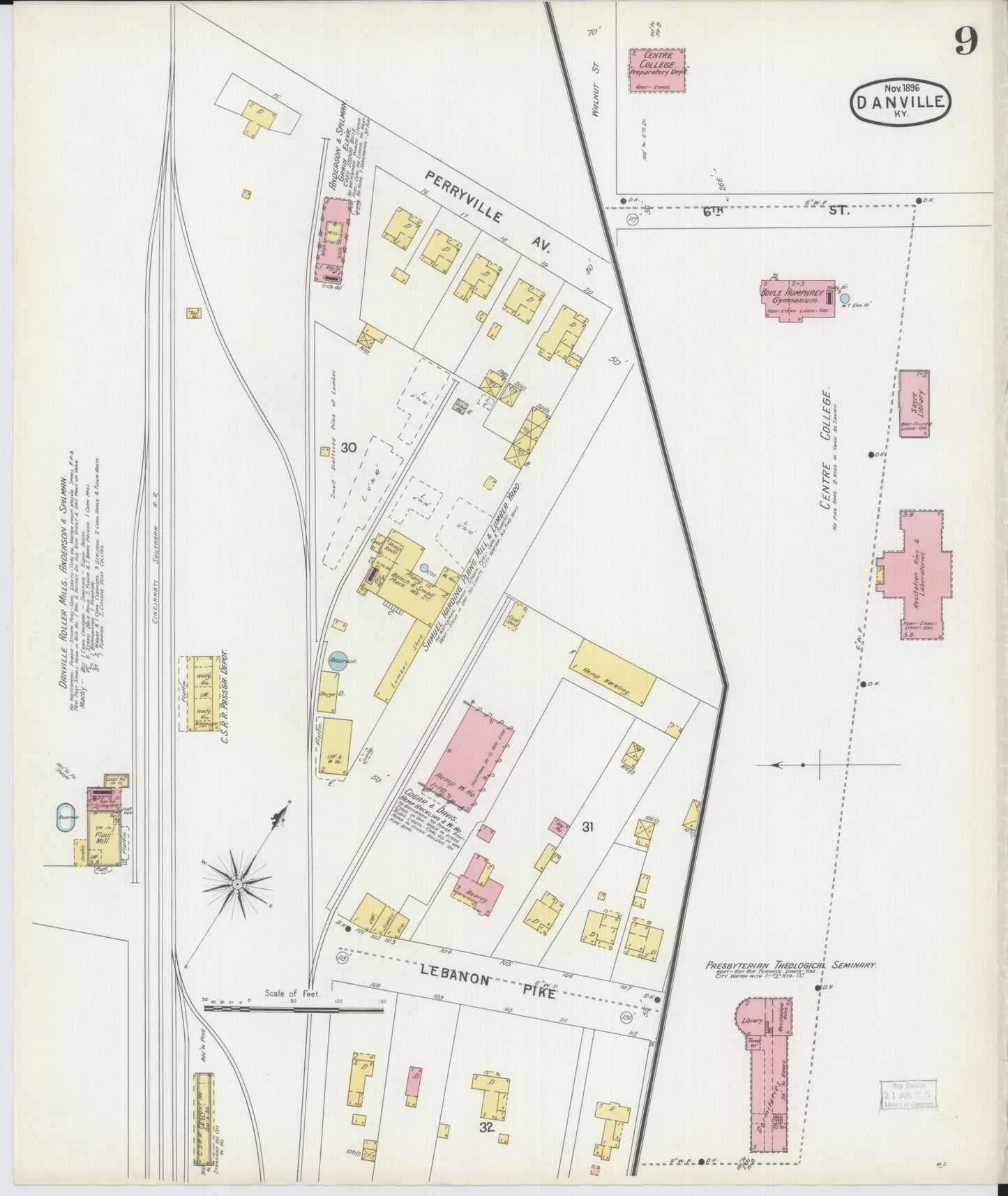 Sanborn Fire Insurance Map from Danville, Boyle County, Kentucky (1896), Sheet #0009 - Historic Sanborn Fire Insurance Map Print, vintage old map wall art, antique decor, genealogy gift, Kentucky Kentucky map