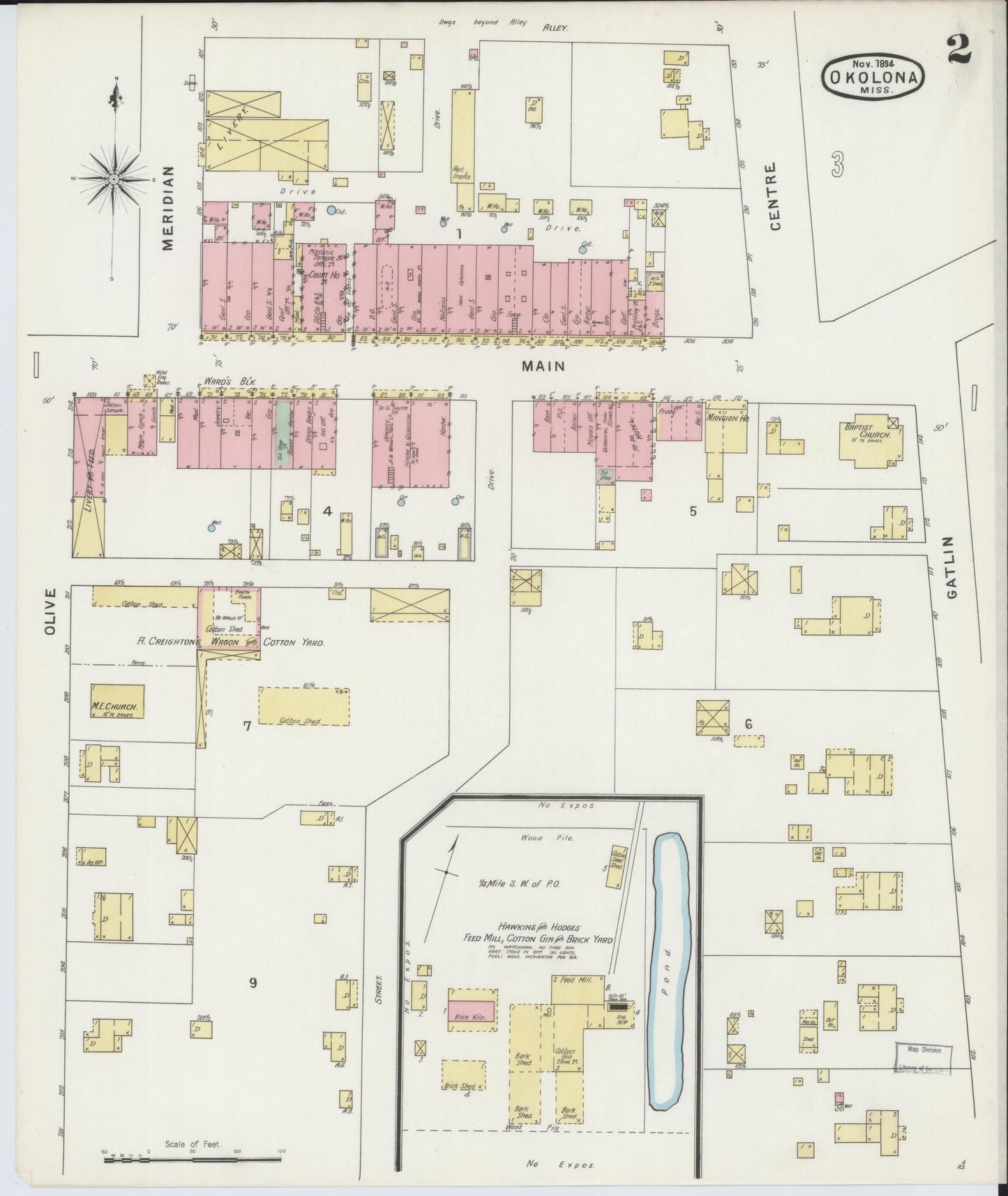 Sanborn Fire Insurance Map from Okolona, Chickasaw County, Mississippi (1894), Sheet #0002 - Historic Sanborn Fire Insurance Map Print, vintage old map wall art, antique decor, genealogy gift, Mississippi Mississippi map