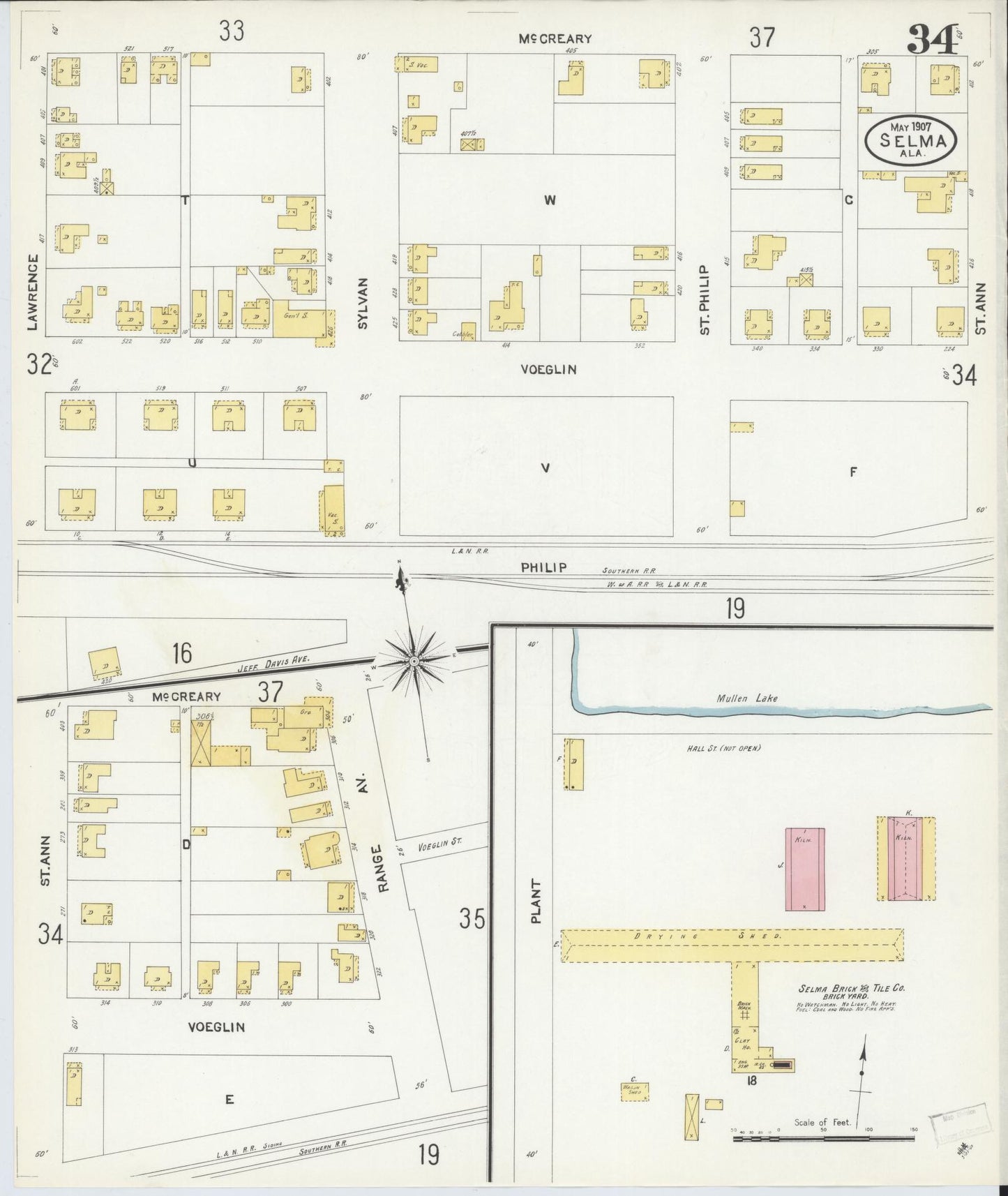 Sanborn Fire Insurance Map from Selma, Dallas County, Alabama (1907), Sheet #0034 - Historic Sanborn Fire Insurance Map Print, vintage old map wall art, antique decor, genealogy gift, Alabama Alabama map