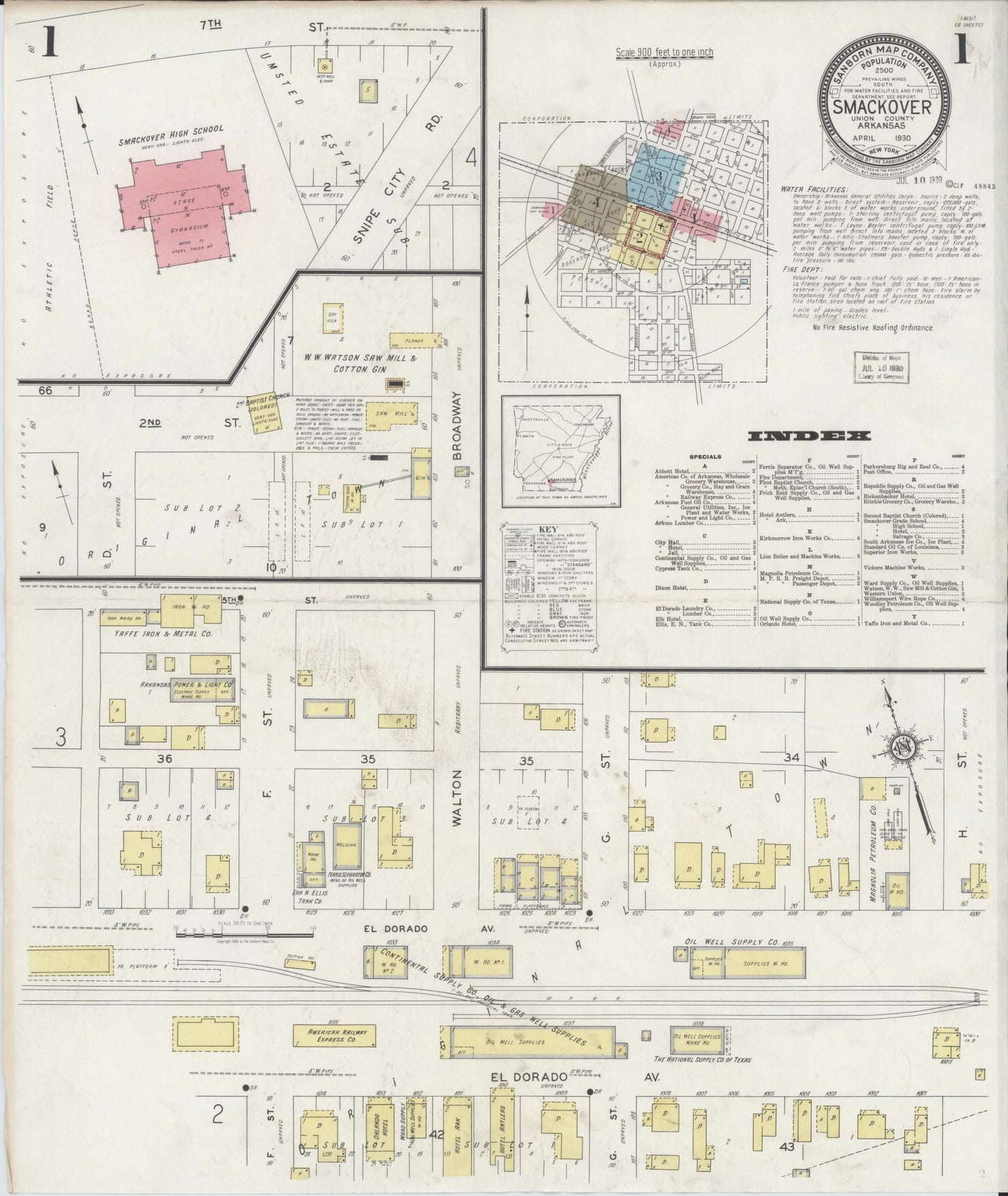 Sanborn Fire Insurance Map from Smackover, Union County, Arkansas (1930), Sheet #0001 - Historic Sanborn Fire Insurance Map Print, vintage old map wall art, antique decor, genealogy gift, Arkansas Arkansas map