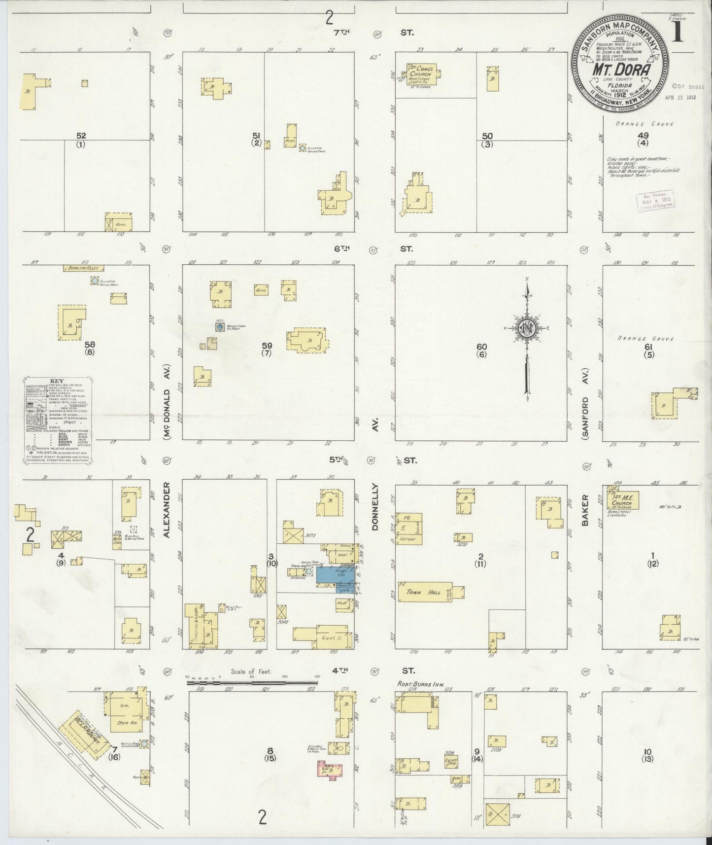 Sanborn Fire Insurance Map from Mount Dora, Lake County, Florida (1912), Sheet #0001 - Historic Sanborn Fire Insurance Map Print, vintage old map wall art, antique decor, genealogy gift, Florida Florida map