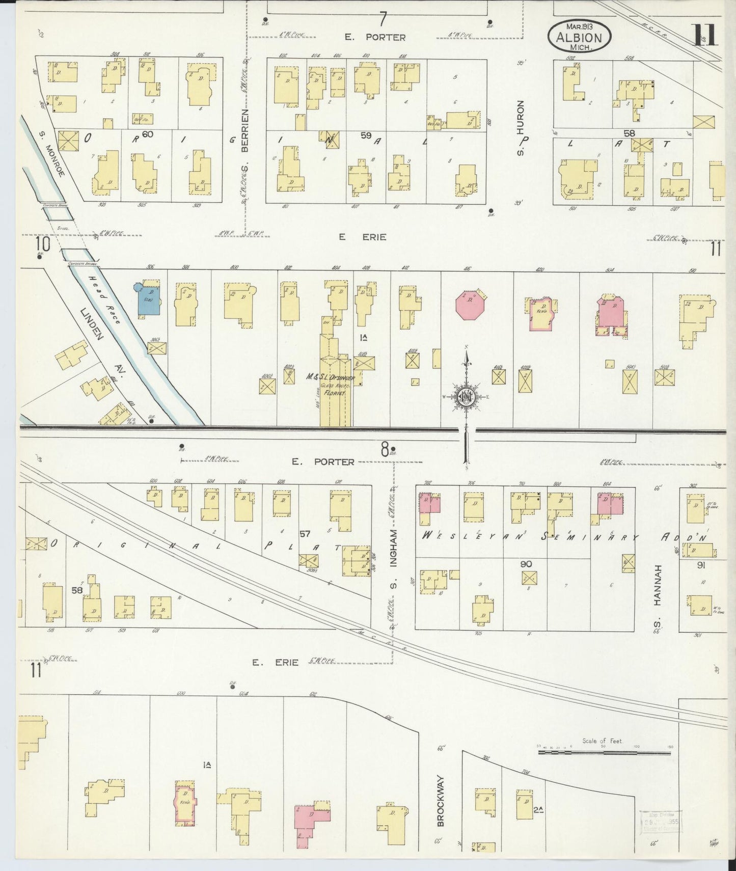 Sanborn Fire Insurance Map from Albion, Calhoun County, Michigan (1913), Sheet #0011 - Historic Sanborn Fire Insurance Map Print, vintage old map wall art, antique decor, genealogy gift, Michigan Michigan map